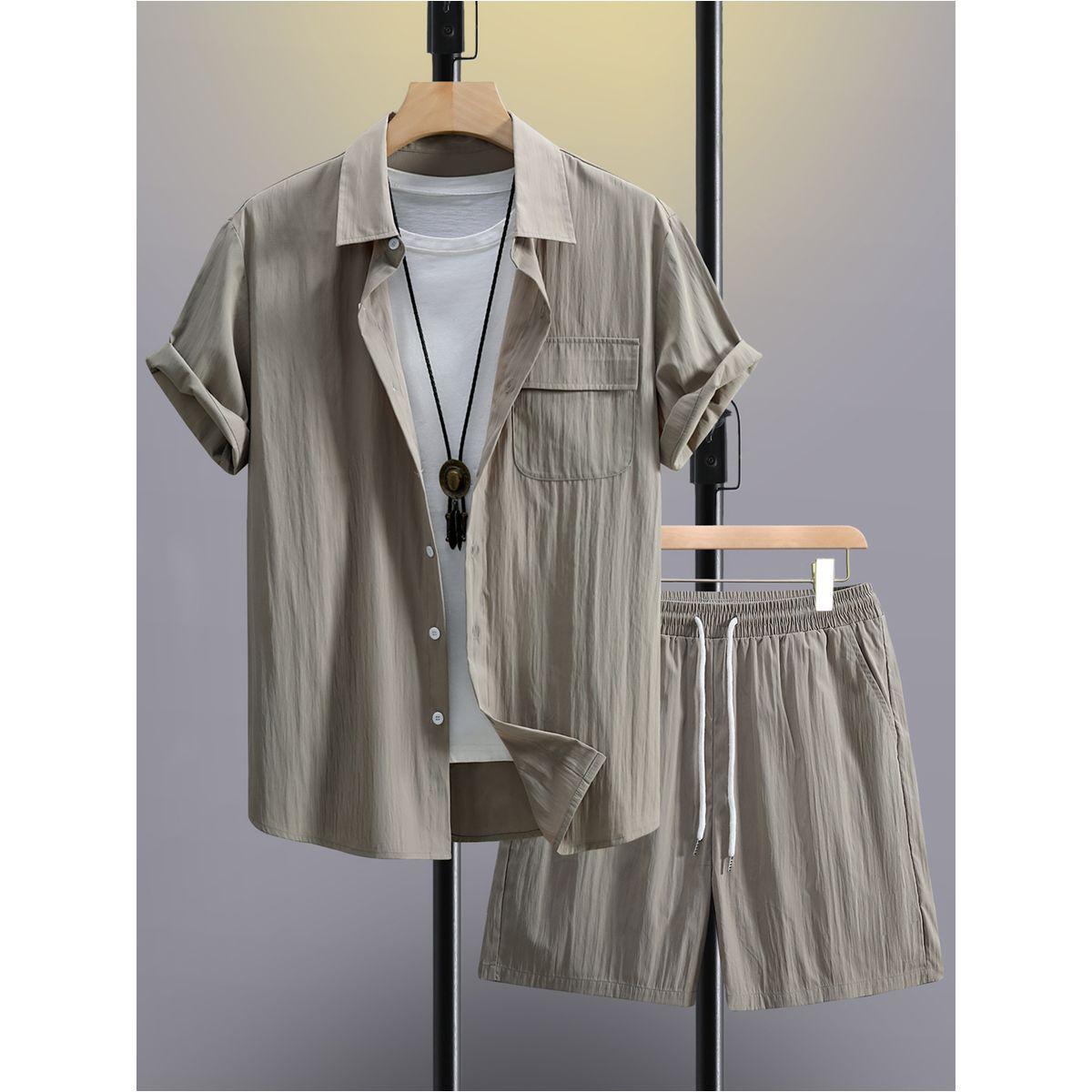Styli Men Beige Solid Pocket Detail Shirt and Shorts Co-Ords-men-clothing-coordsets-image-1