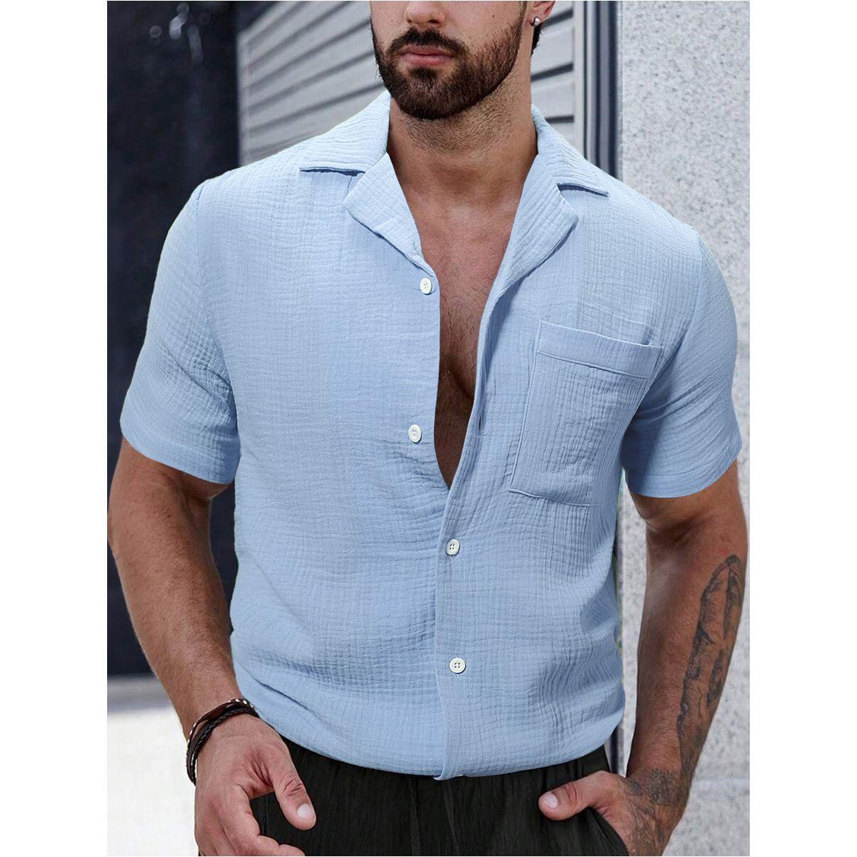 Styli Men Blue Resort Collar Shirt with Patch Pocket-men-clothing-shirts-image-1