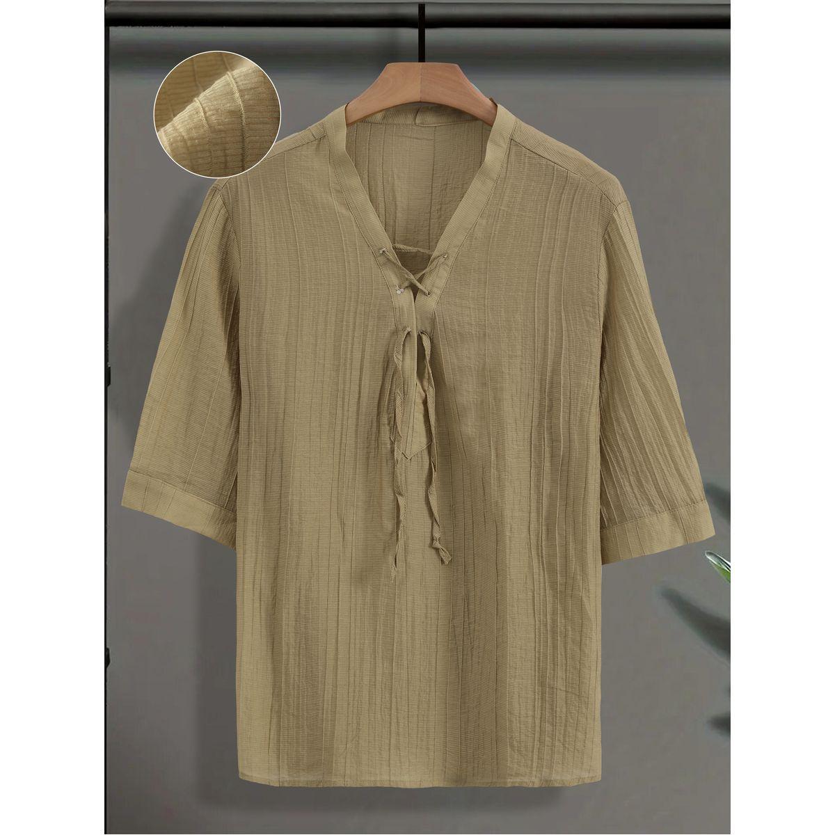 Styli Men Beige Textured Drawstring Front T-Shirt-men-clothing-tshirtsandpolos-tshirts-image-1