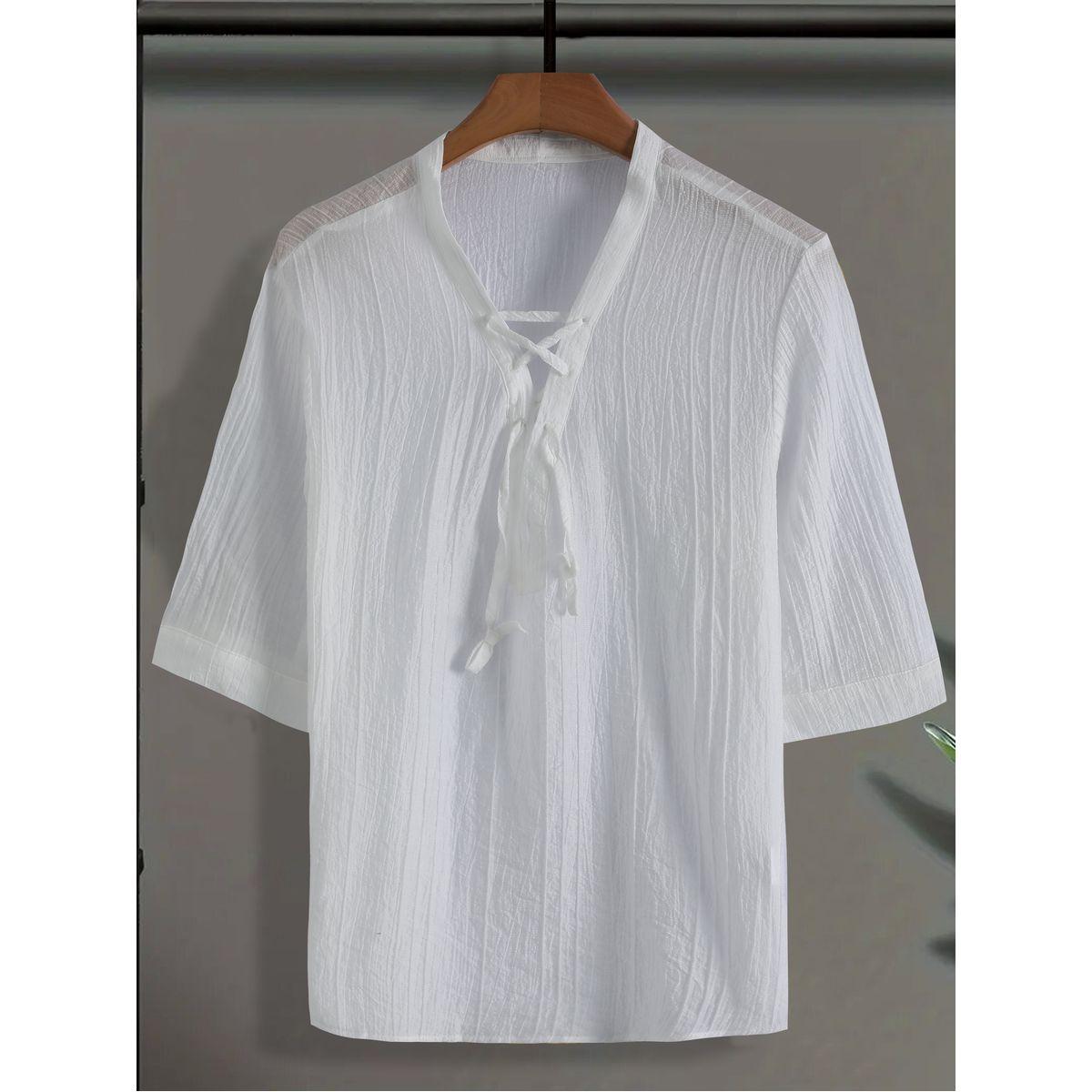 Styli Men White Textured Drawstring Front T-Shirt-men-clothing-tshirtsandpolos-tshirts-image-1