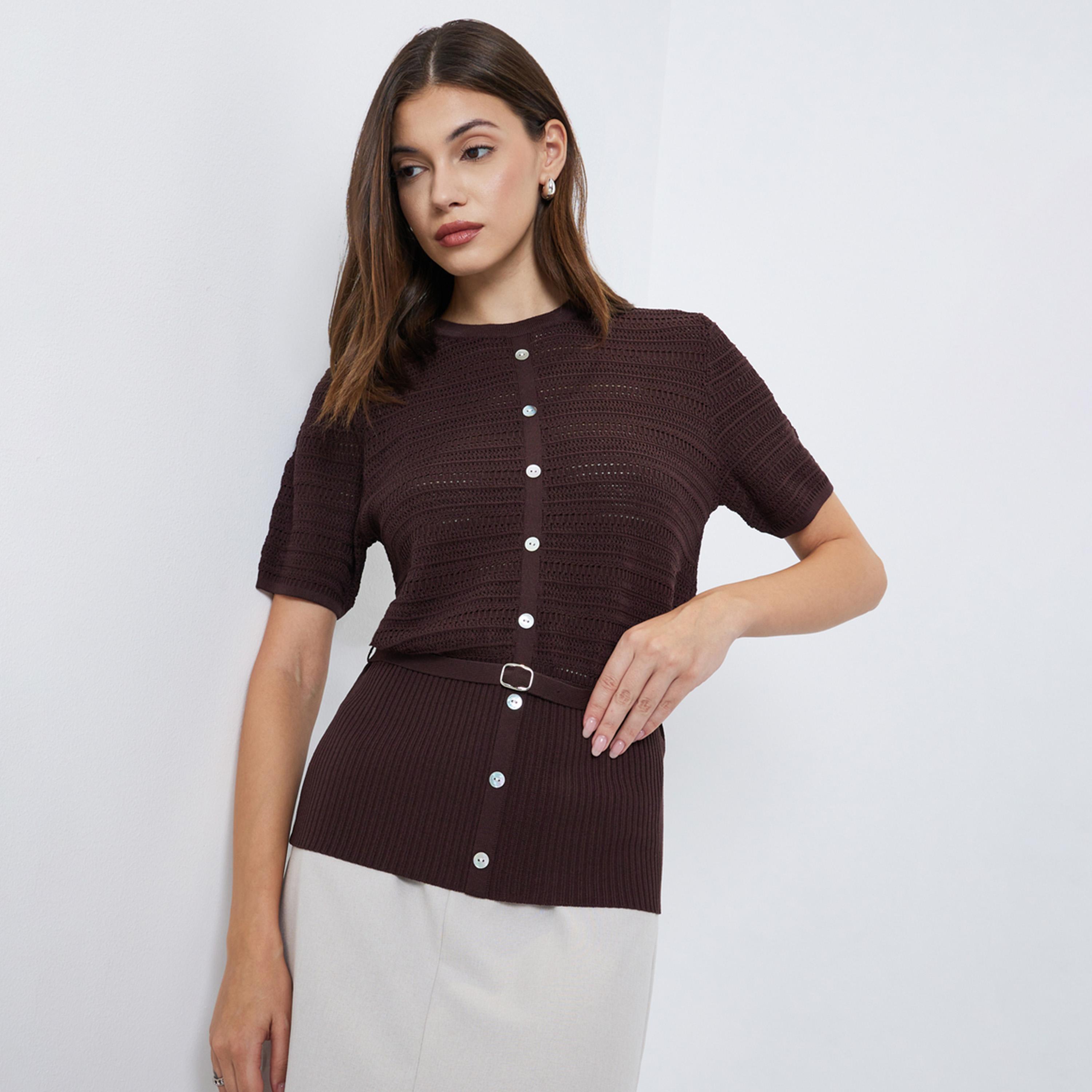 Styli Brown Knit Top with Belt-women-clothing-tshirts-image-1