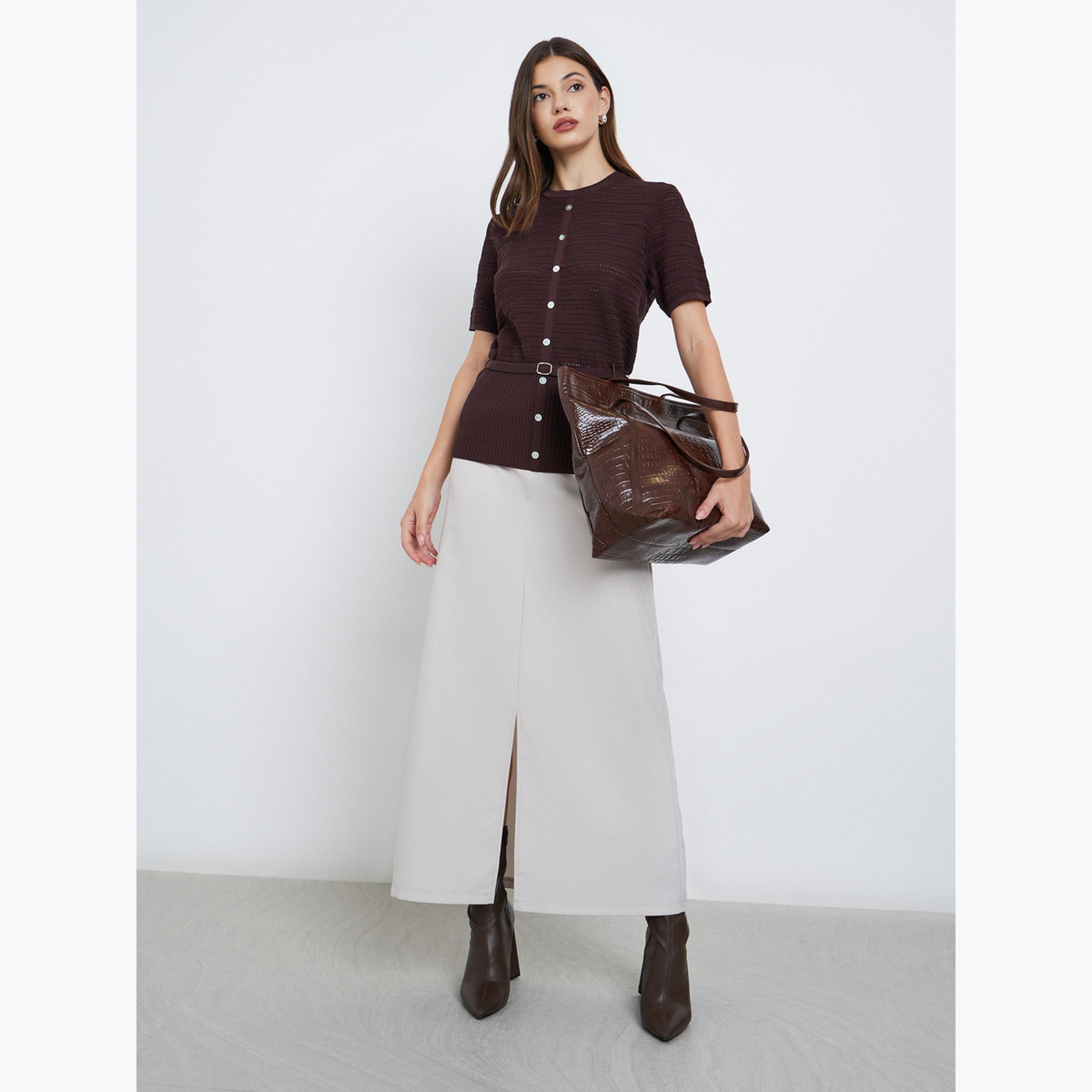 ستايلي - بلوزة بنية محبوكة مع حزام-women-clothing-tshirts-image-2