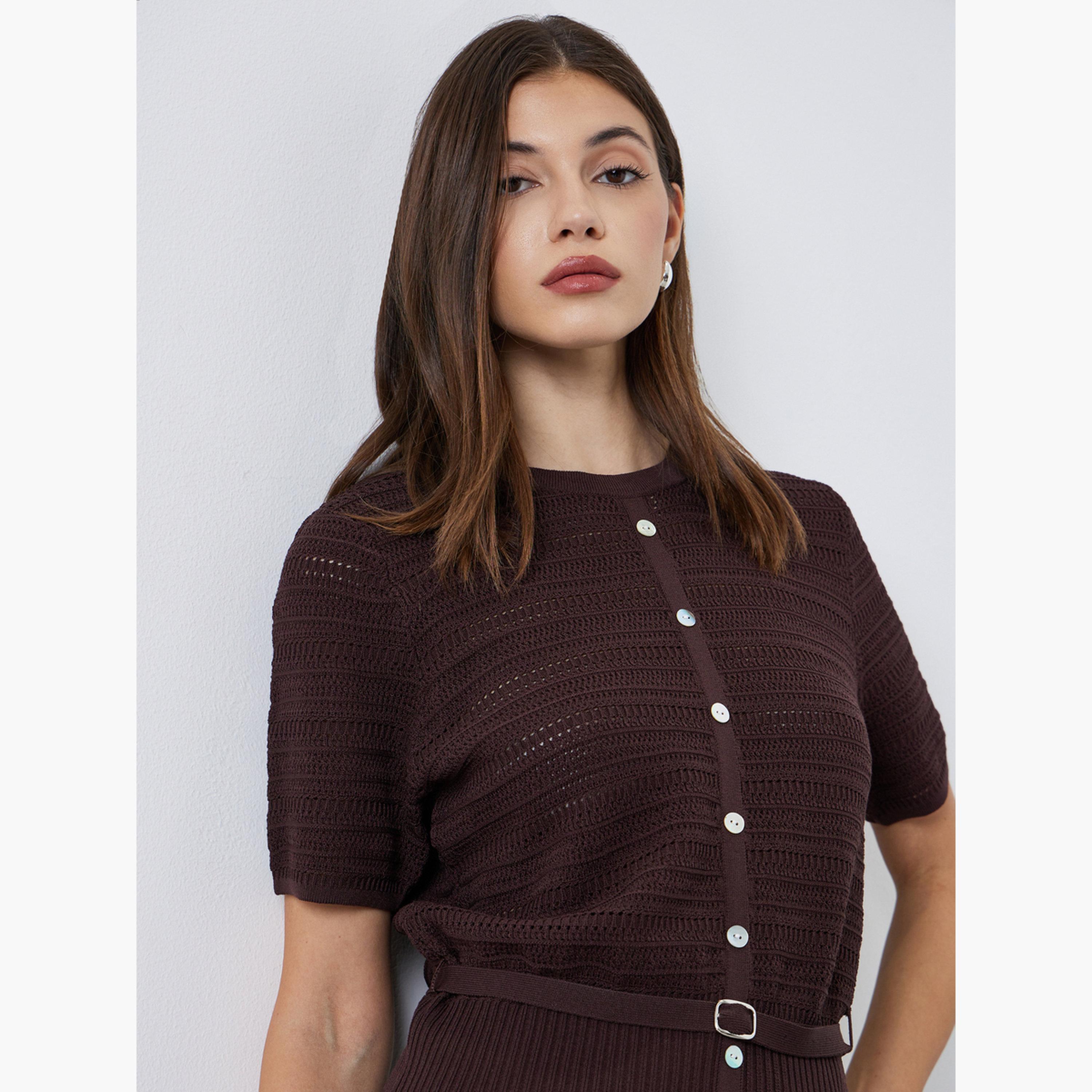 ستايلي - بلوزة بنية محبوكة مع حزام-women-clothing-tshirts-image-3