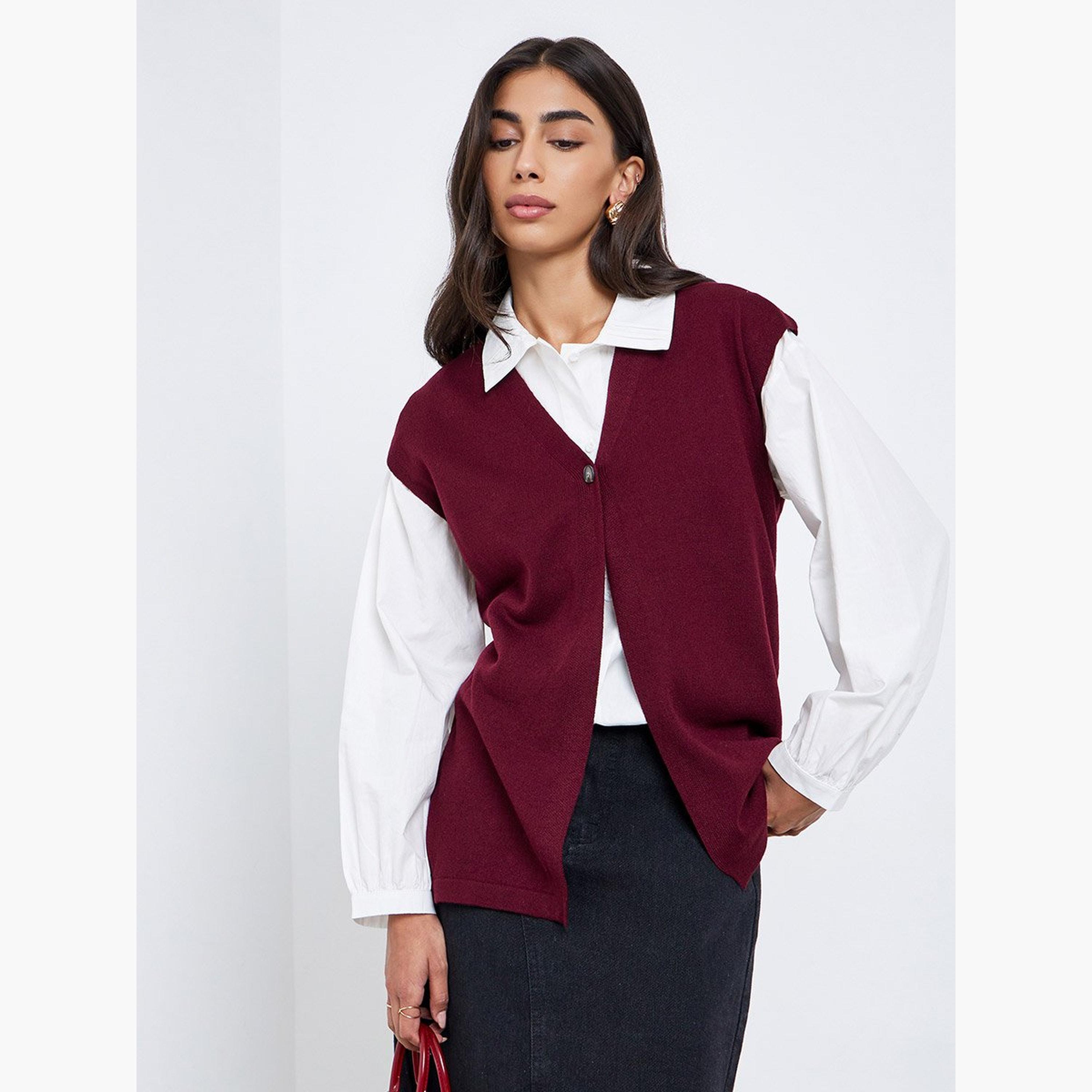 Styli Burgundy Sleeveless Knit Top with Button-women-clothing-tshirts-image-1