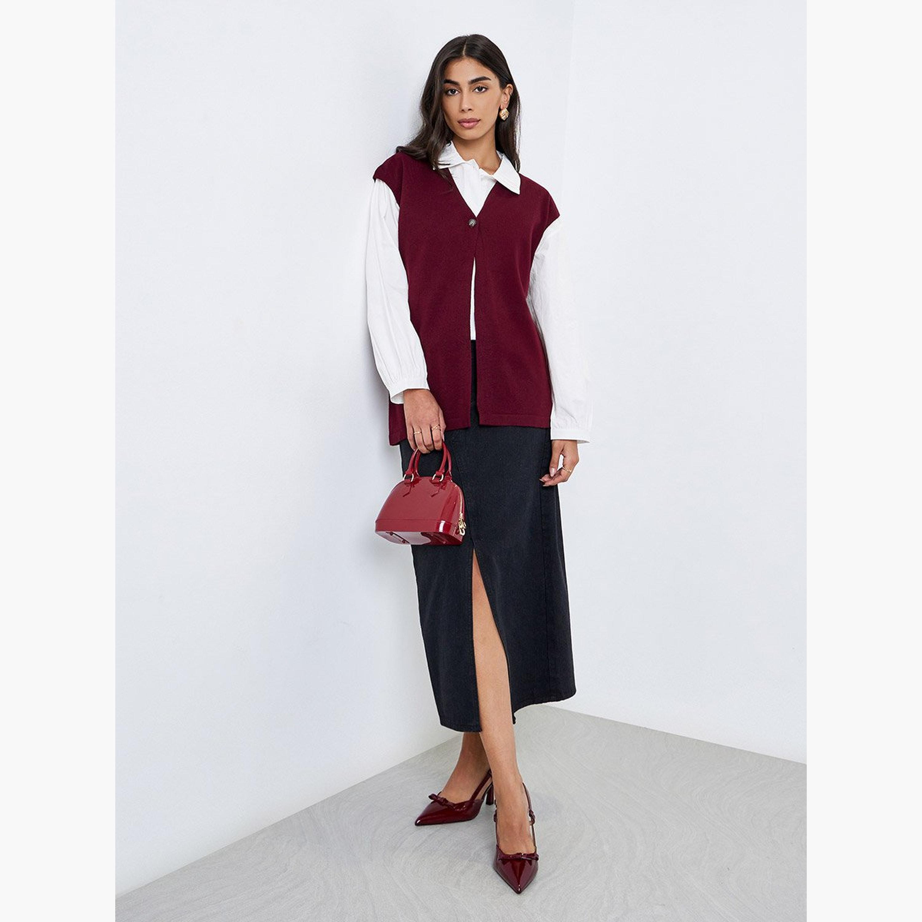 Styli Burgundy Sleeveless Knit Top with Button-women-clothing-tshirts-image-2