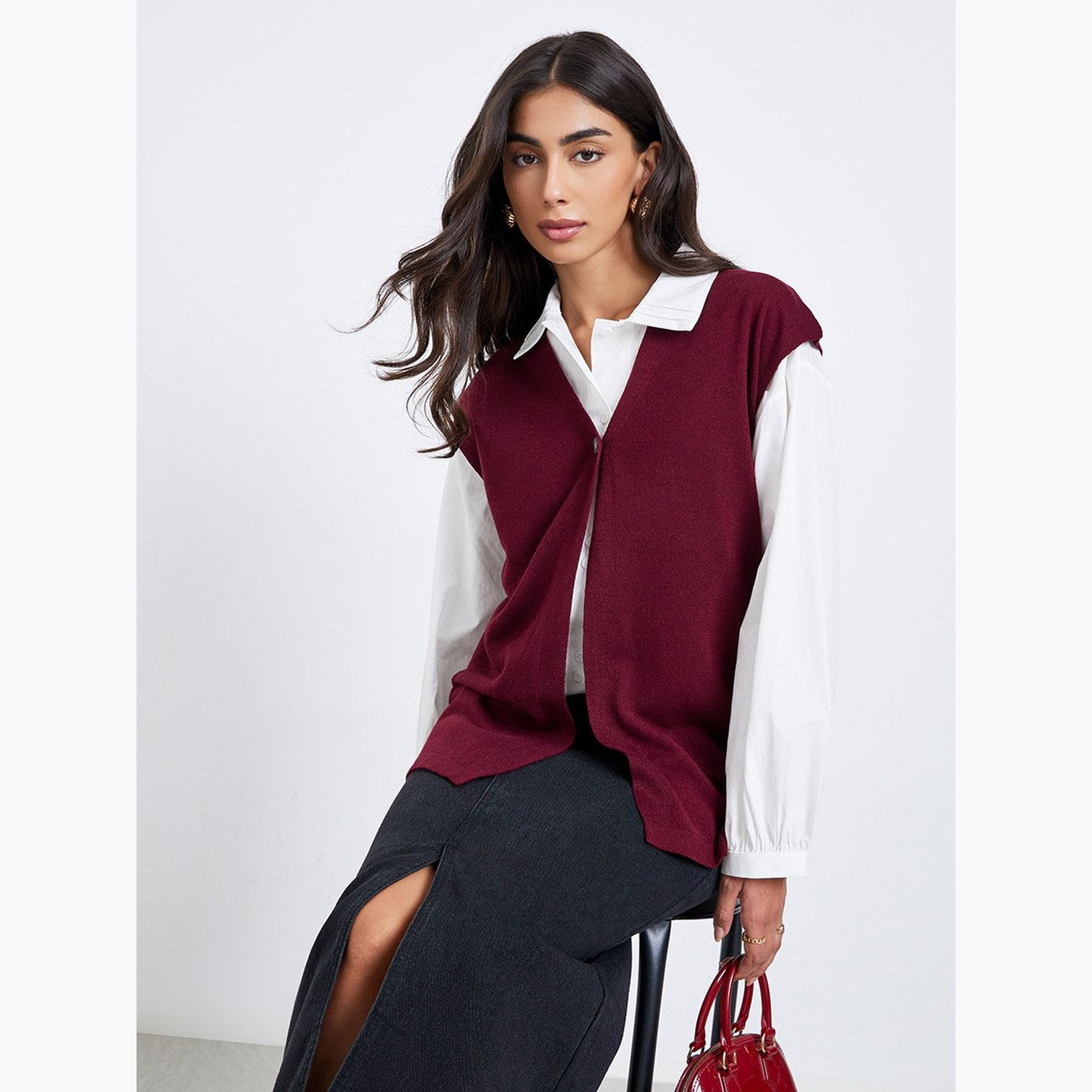 Styli Burgundy Sleeveless Knit Top with Button-women-clothing-tshirts-image-3