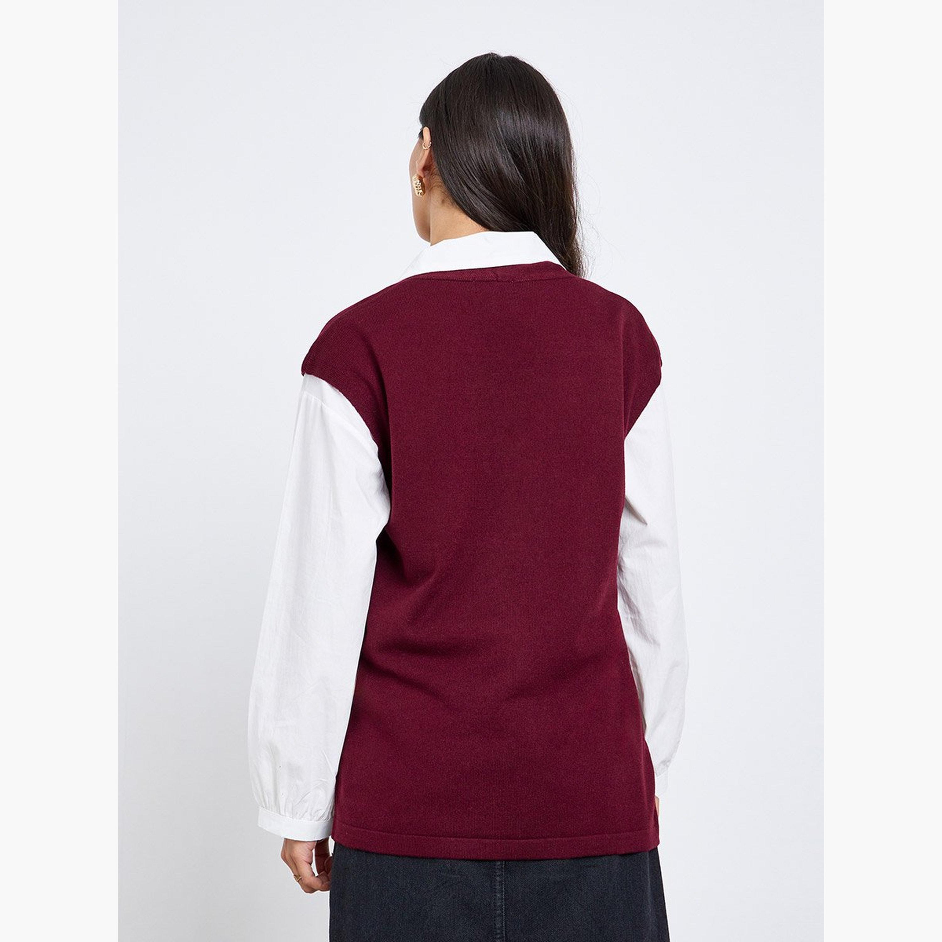 Styli Burgundy Sleeveless Knit Top with Button-women-clothing-tshirts-image-5