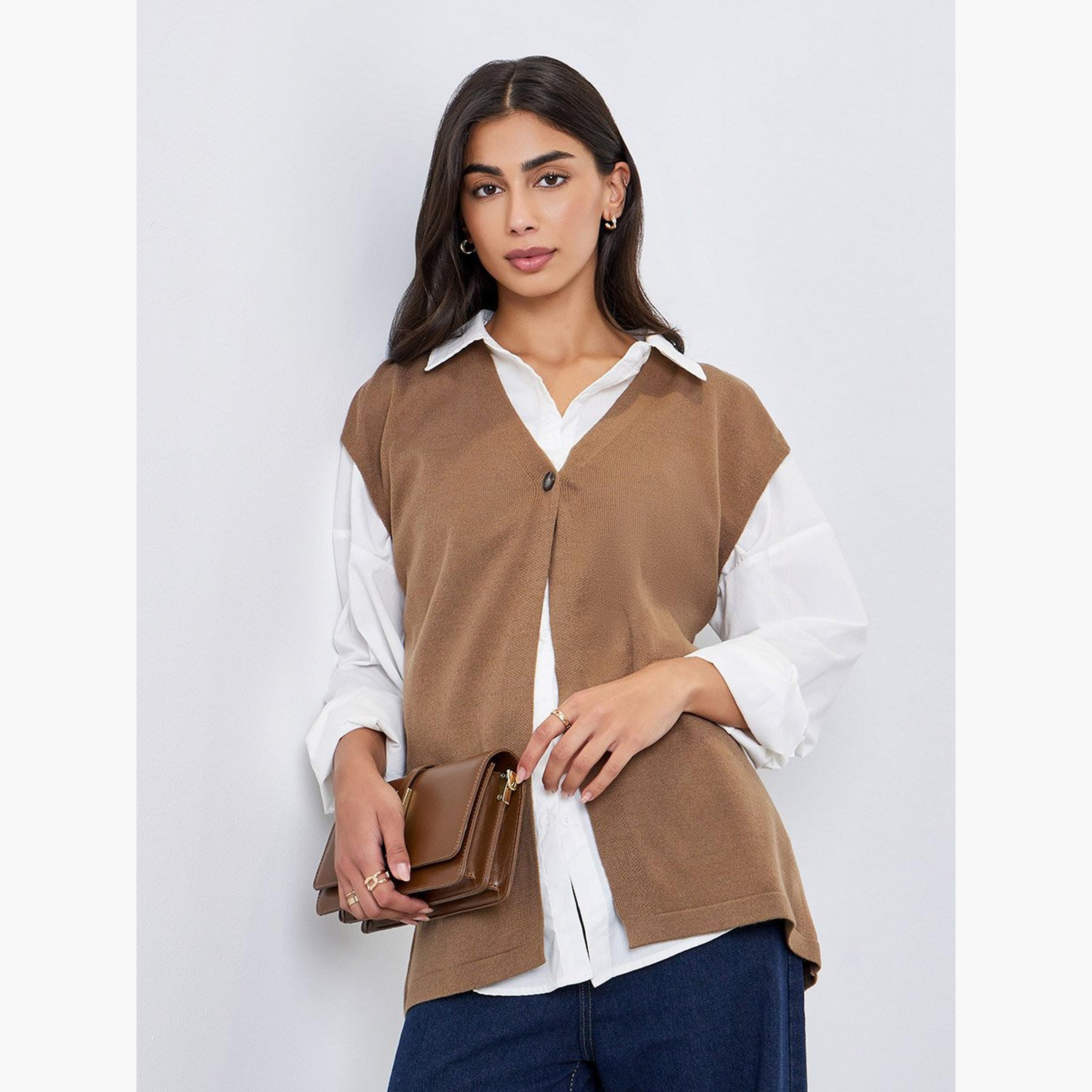 Styli Khaki Sleeveless Knit Top with Button-women-clothing-tshirts-image-1