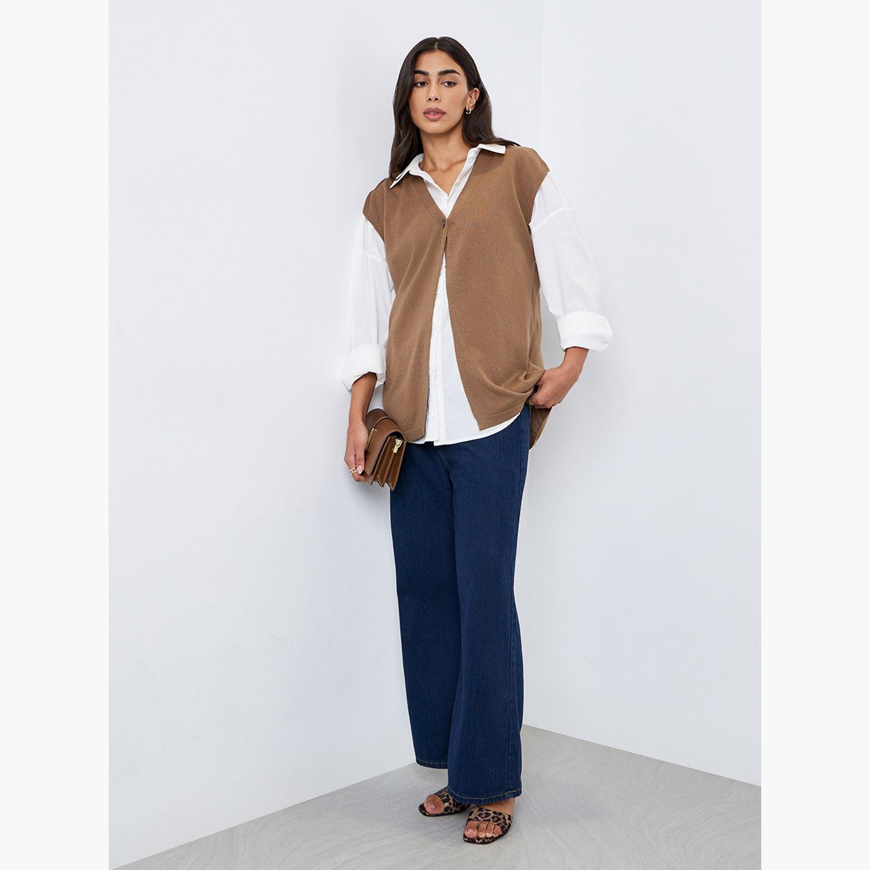 Styli Khaki Sleeveless Knit Top with Button-women-clothing-tshirts-image-2