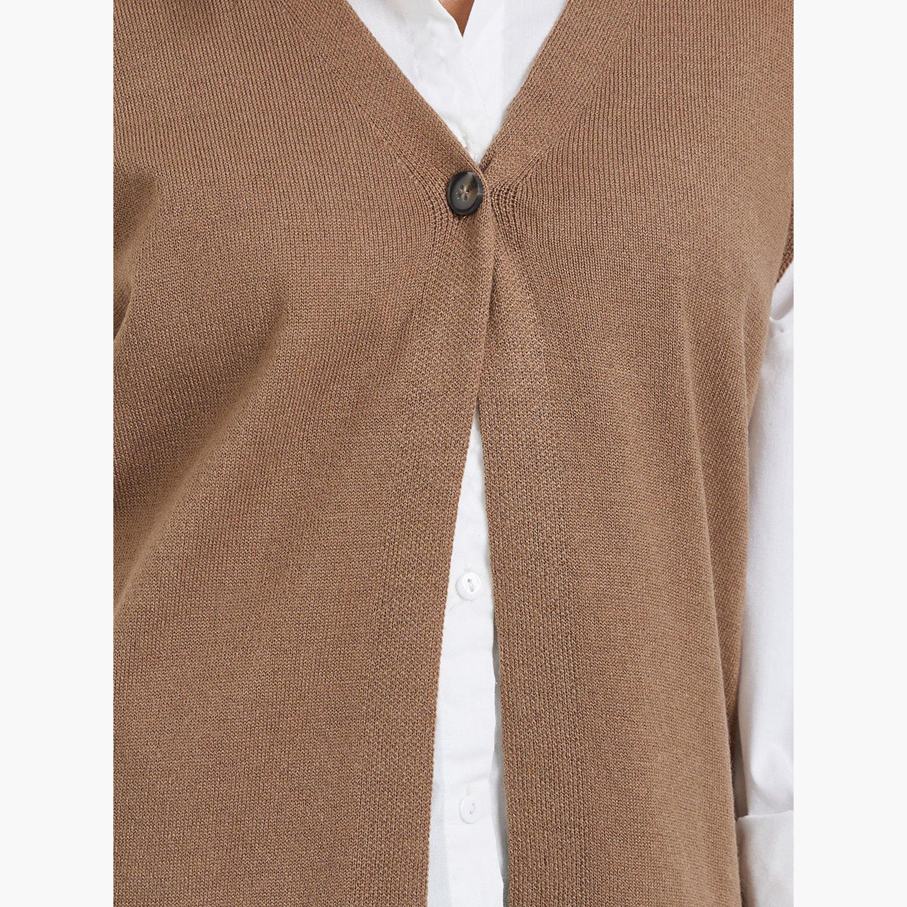 Styli Khaki Sleeveless Knit Top with Button-women-clothing-tshirts-image-3