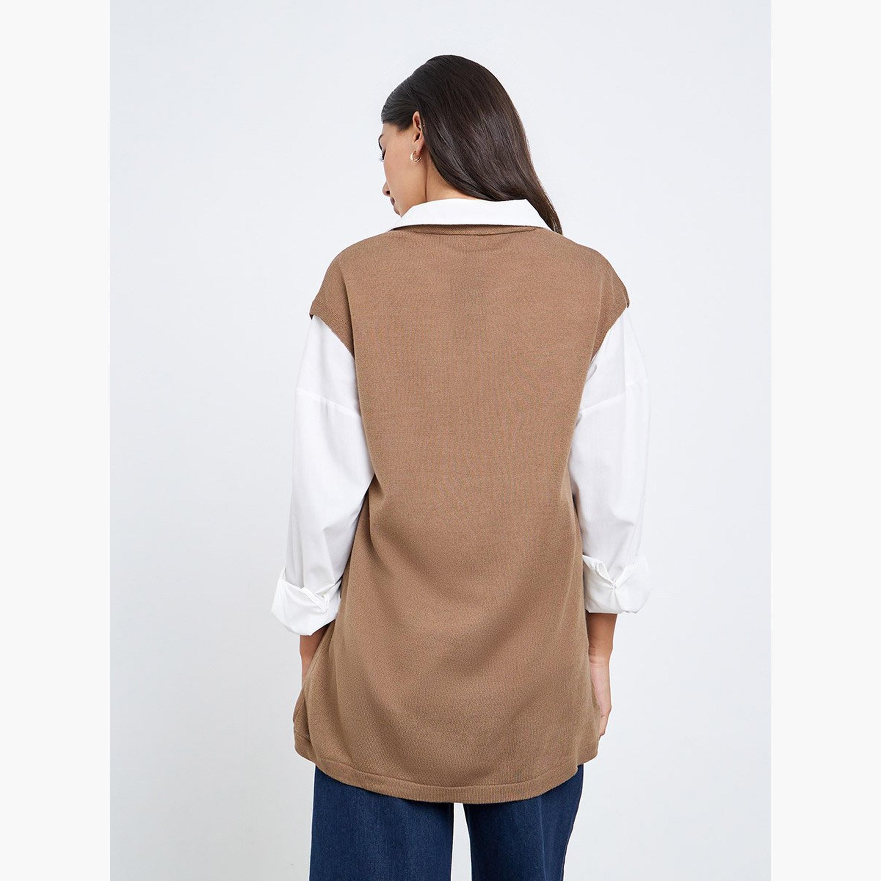 Styli Khaki Sleeveless Knit Top with Button-women-clothing-tshirts-image-4
