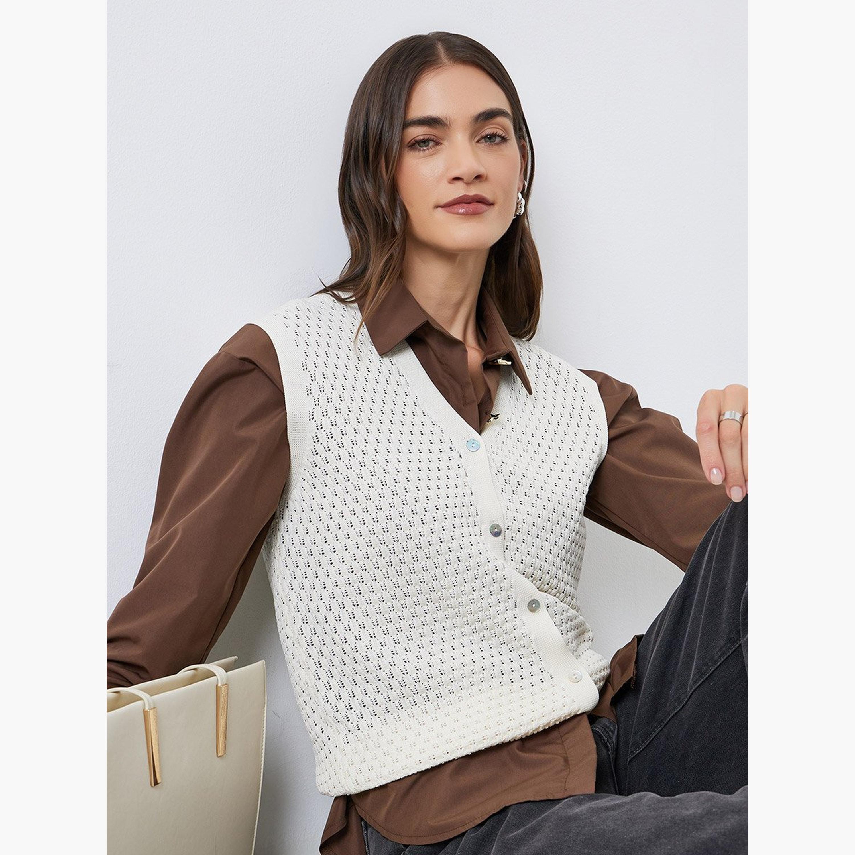 ستايلي - بلوزة محبوكة بيضاء بدون أكمام-women-clothing-tshirts-image-3