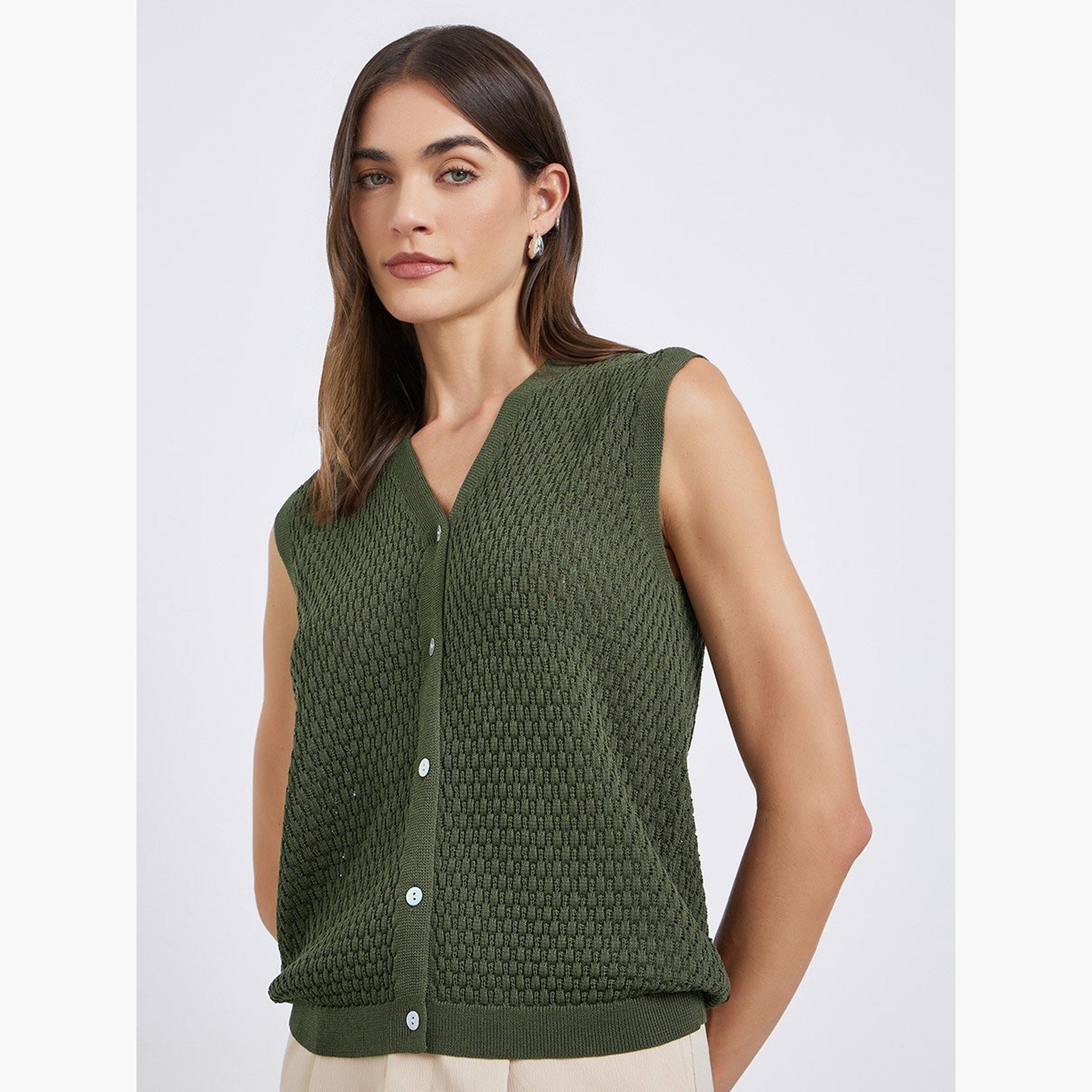 ستايلي - بلوزة خضراء محبوكة بدون أكمام-women-clothing-tshirts-image-1