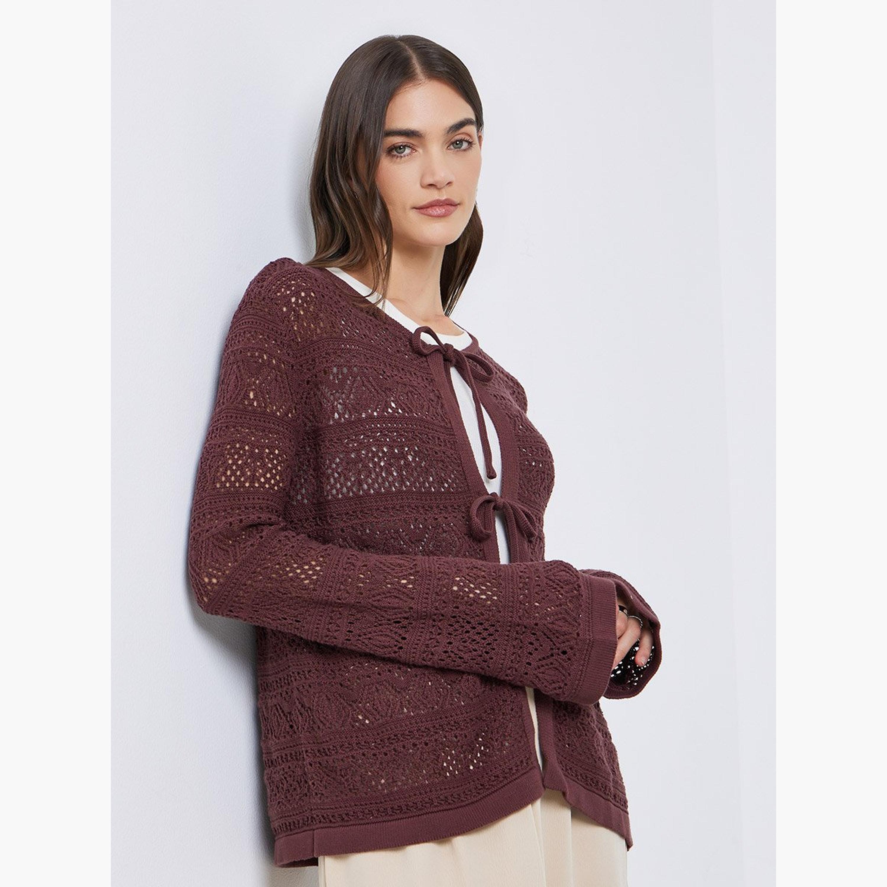Styli Brown Crochet Knit Tie-Front Top-women-clothing-tshirts-image-1