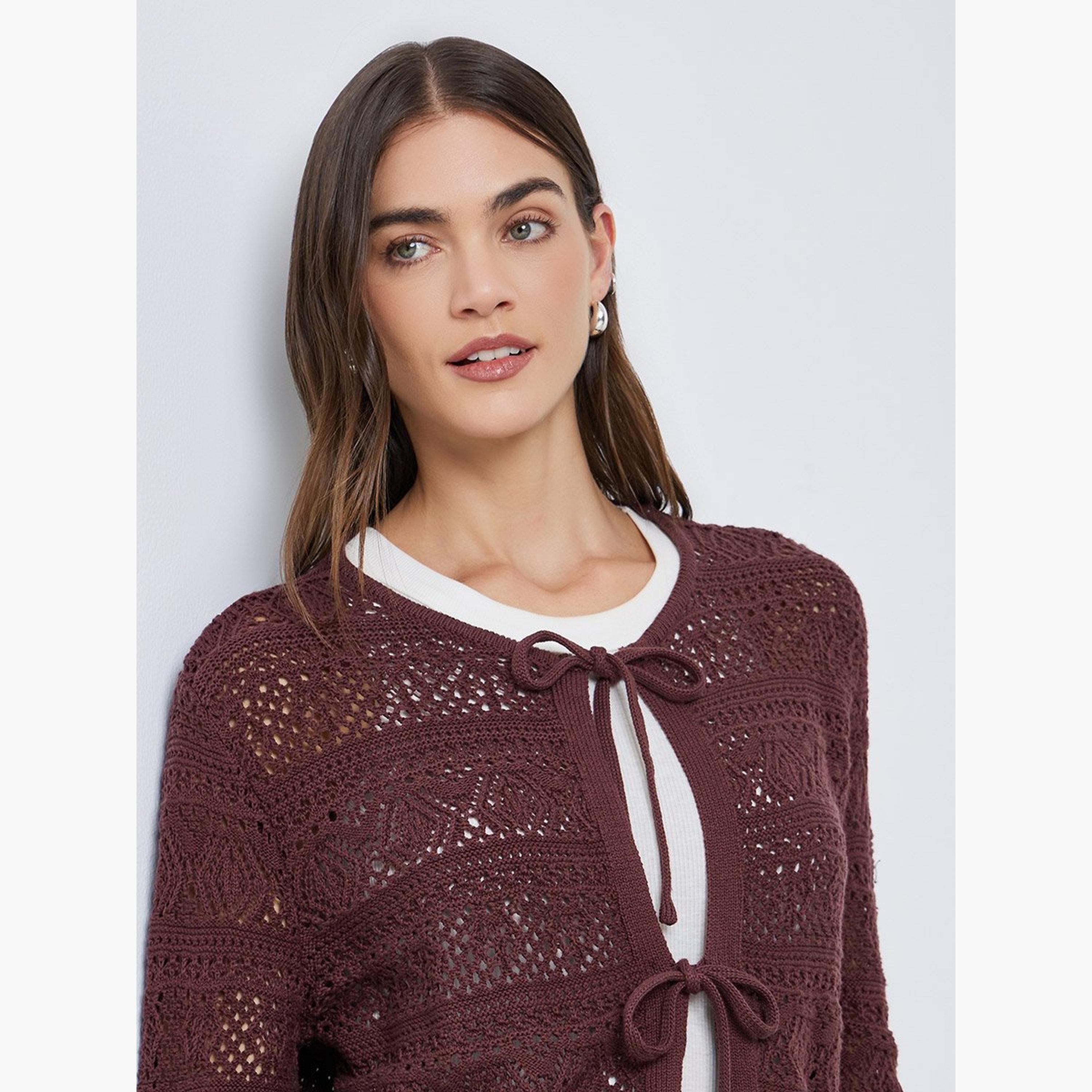Styli Brown Crochet Knit Tie-Front Top-women-clothing-tshirts-image-3