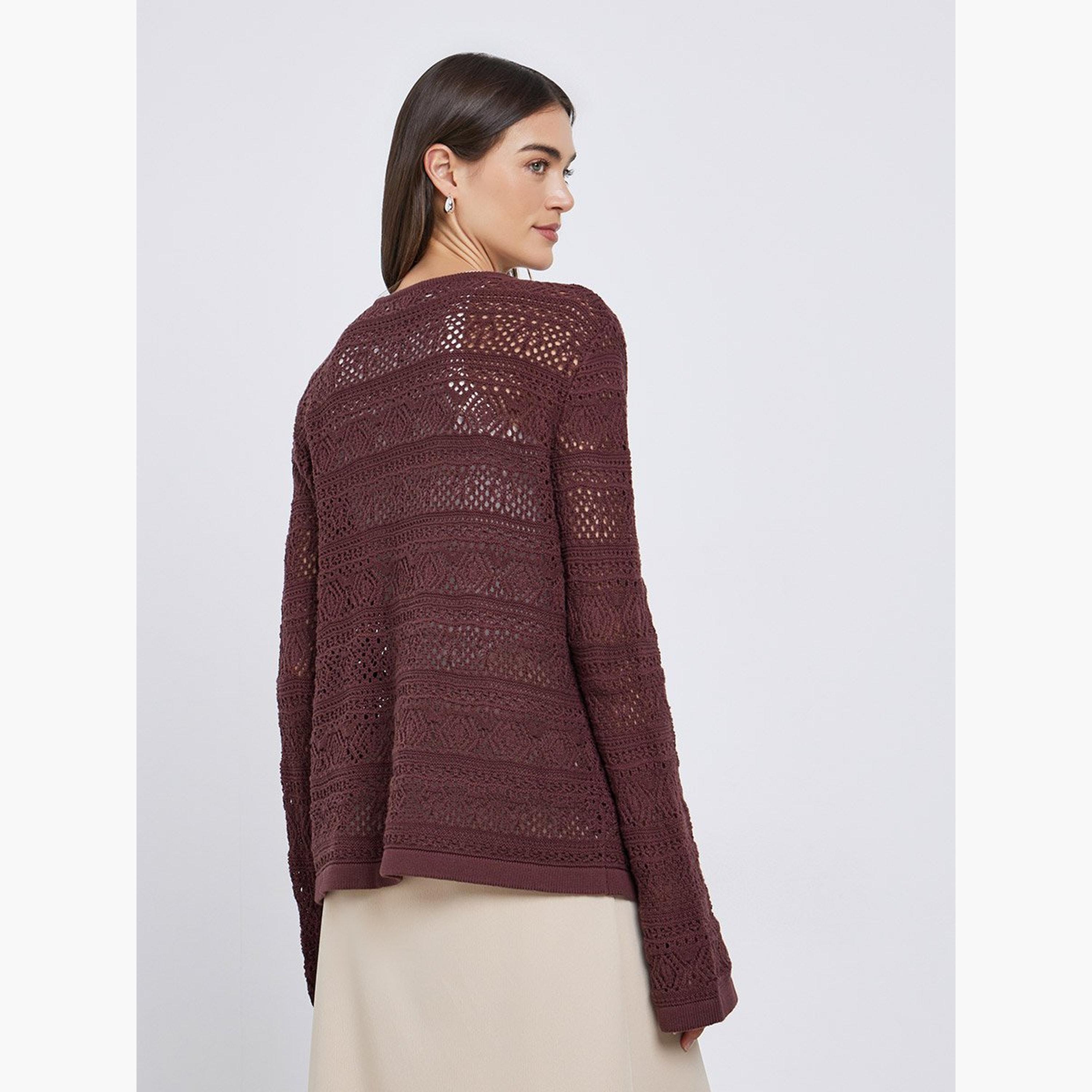 Styli Brown Crochet Knit Tie-Front Top-women-clothing-tshirts-image-4
