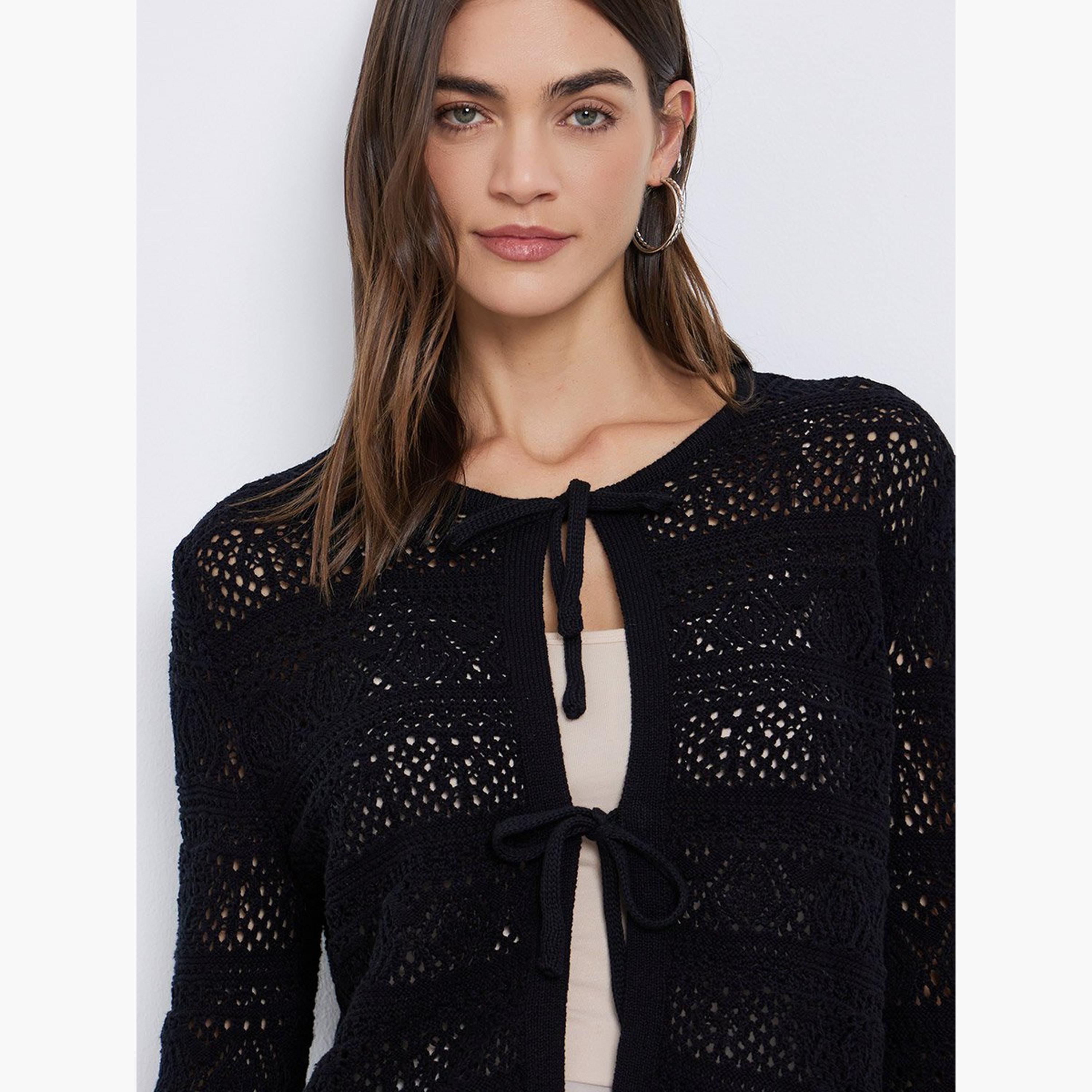 Styli Black Crochet Knit Tie-Front Top-women-clothing-tshirts-image-3