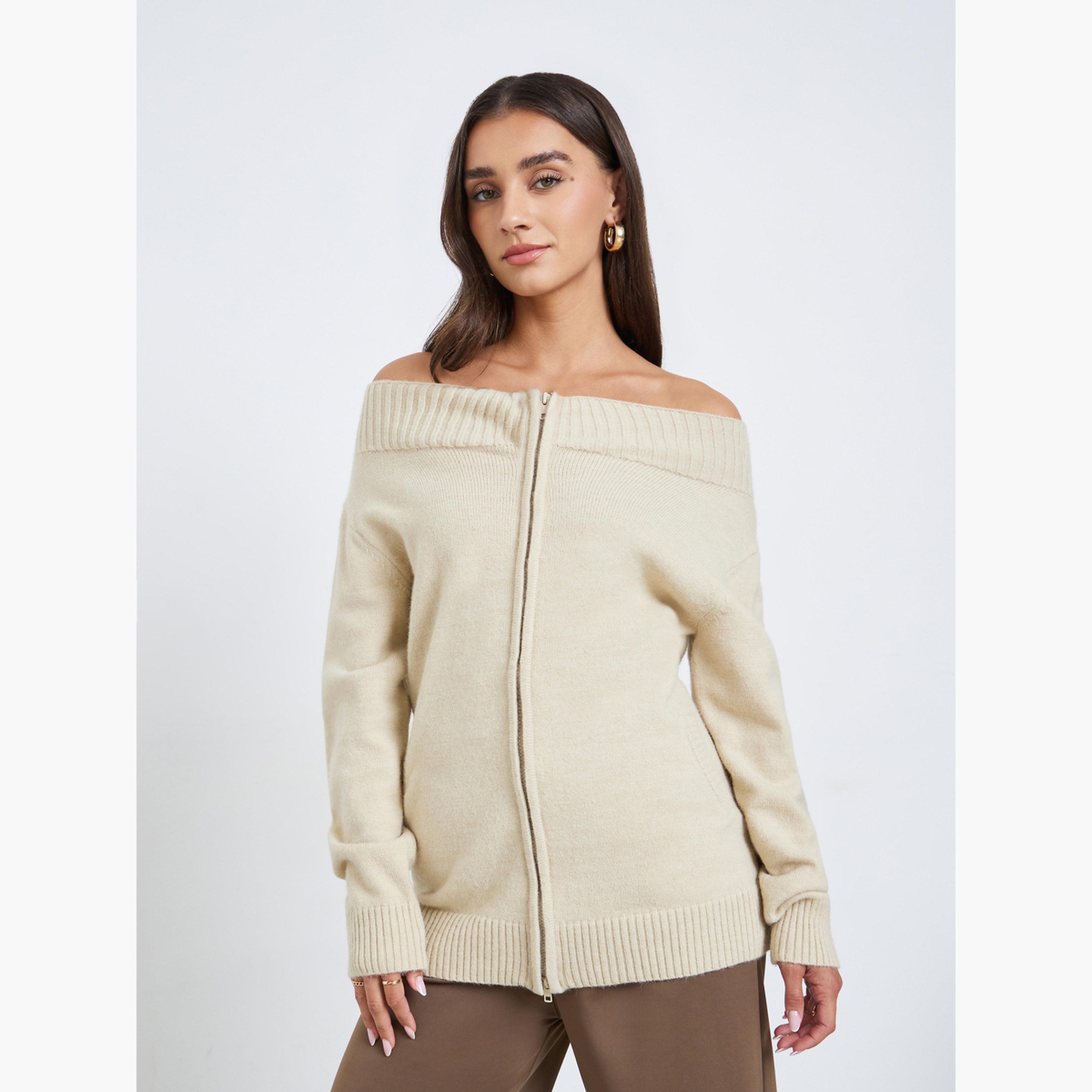 Styli Beige Off Shoulder Knit Top with Front Zip-women-clothing-shirtsandblouses-blouses-image-1