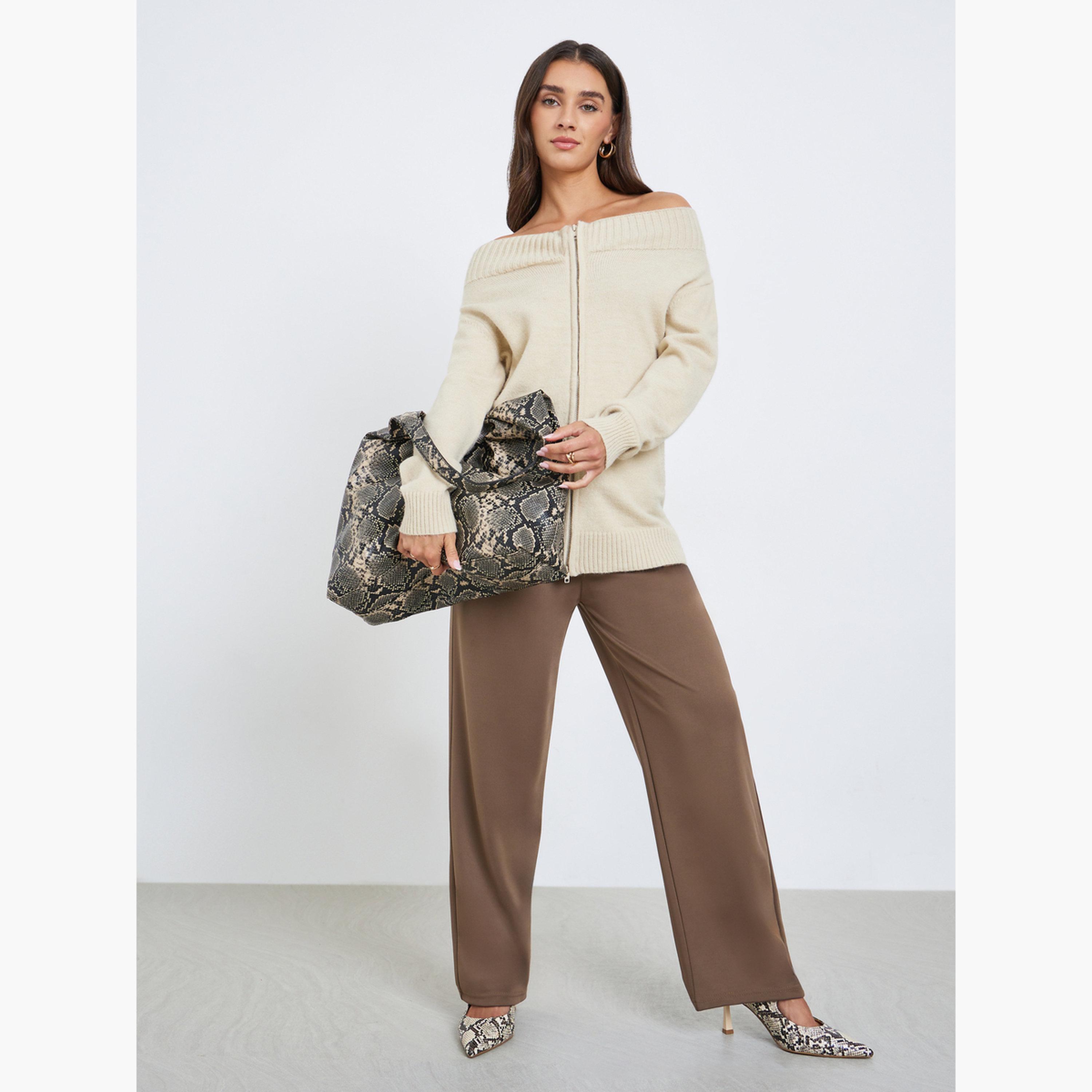 Styli Beige Off Shoulder Knit Top with Front Zip-women-clothing-shirtsandblouses-blouses-image-2