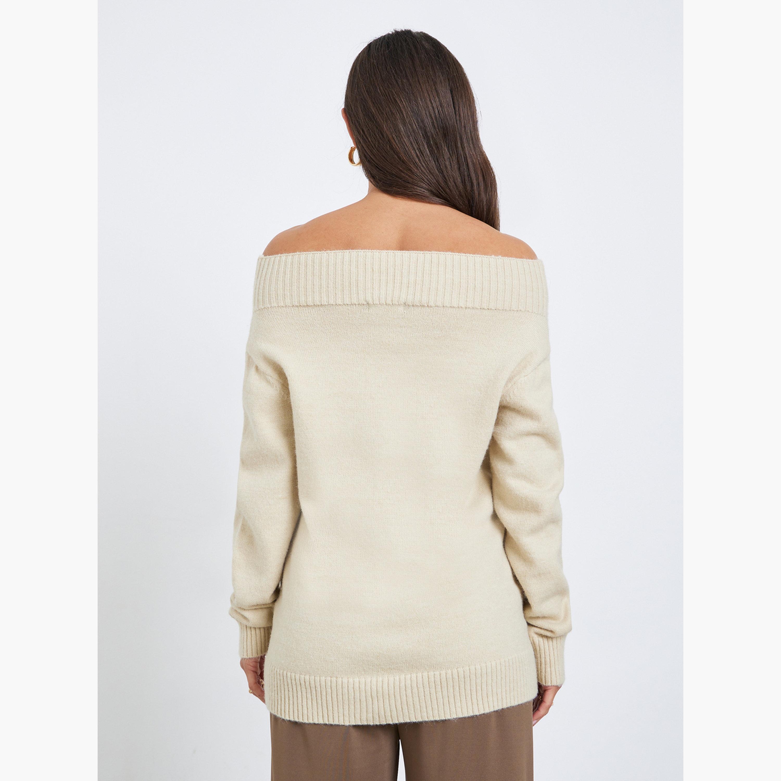 Styli Beige Off Shoulder Knit Top with Front Zip-women-clothing-shirtsandblouses-blouses-image-4