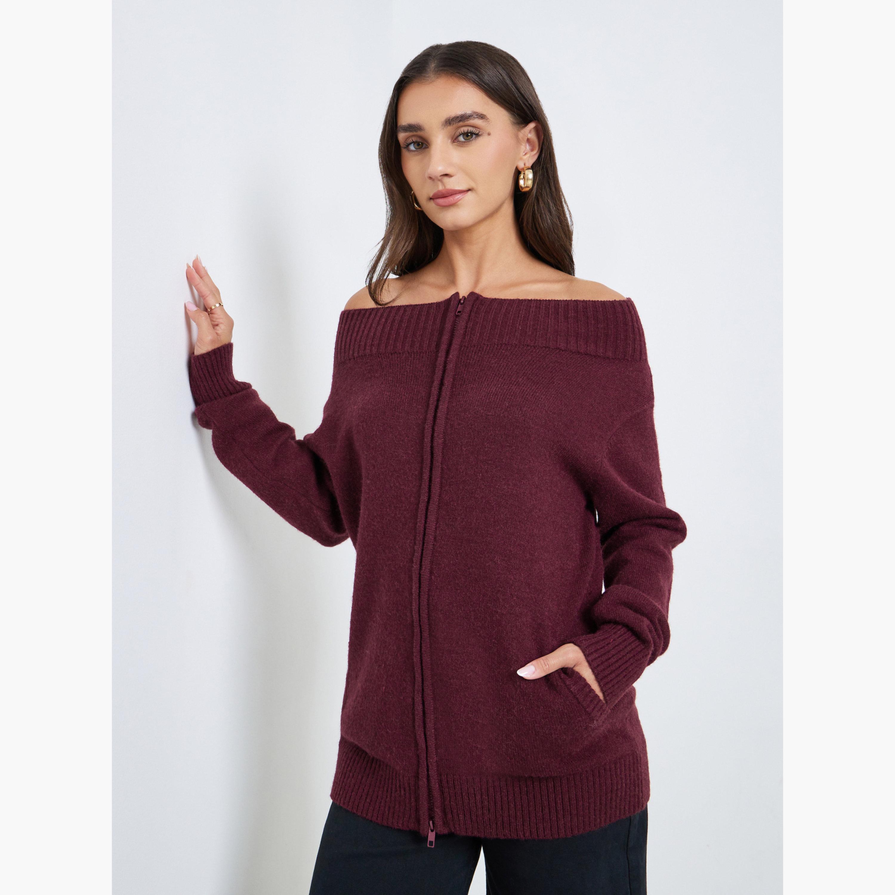 Styli Burgundy Off Shoulder Knit Top with Front Zip-women-clothing-shirtsandblouses-blouses-image-1
