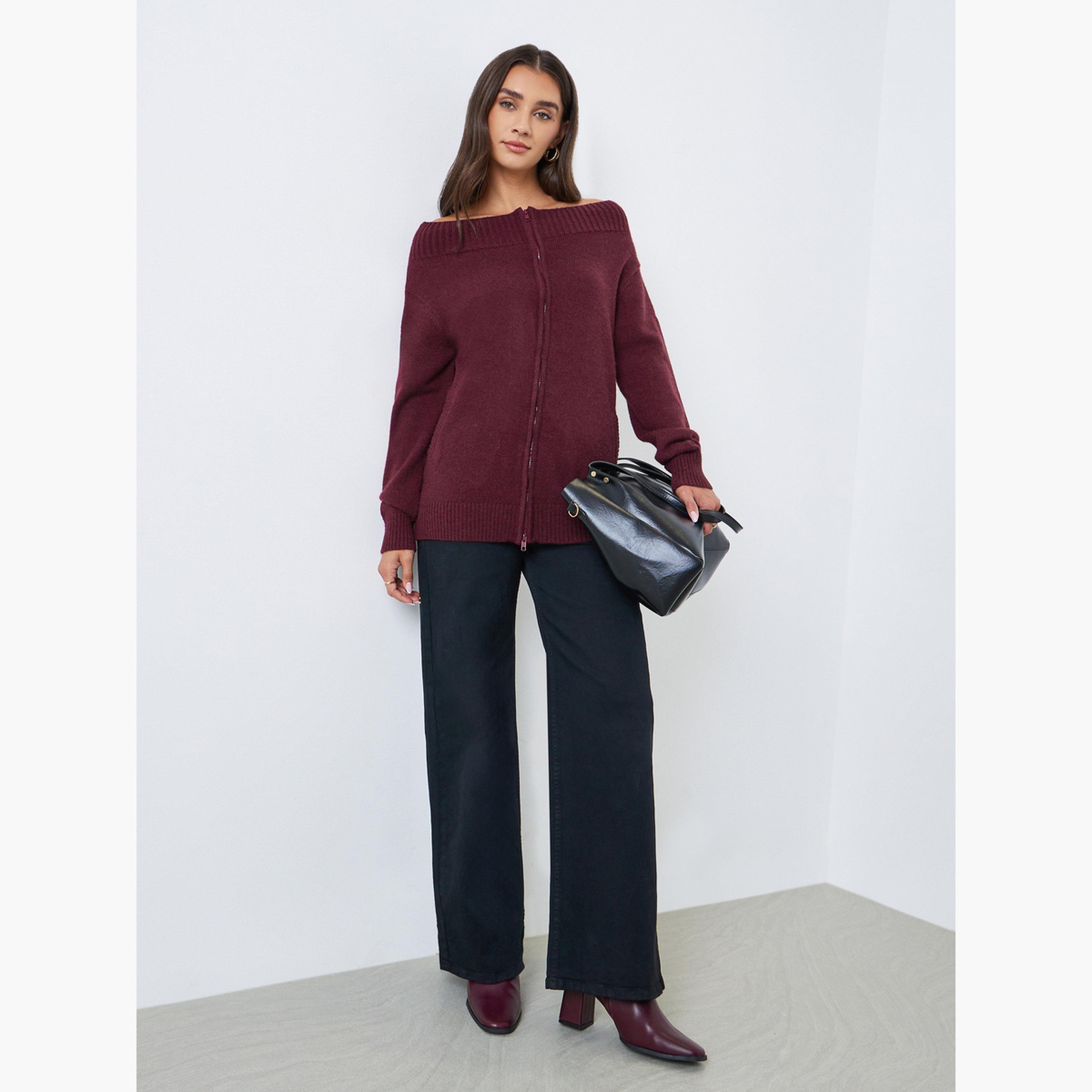 ستايلي - بلوزة برغندي محبوكة مكشوفة الكتفين بسحاب أمامي-women-clothing-shirtsandblouses-blouses-image-2