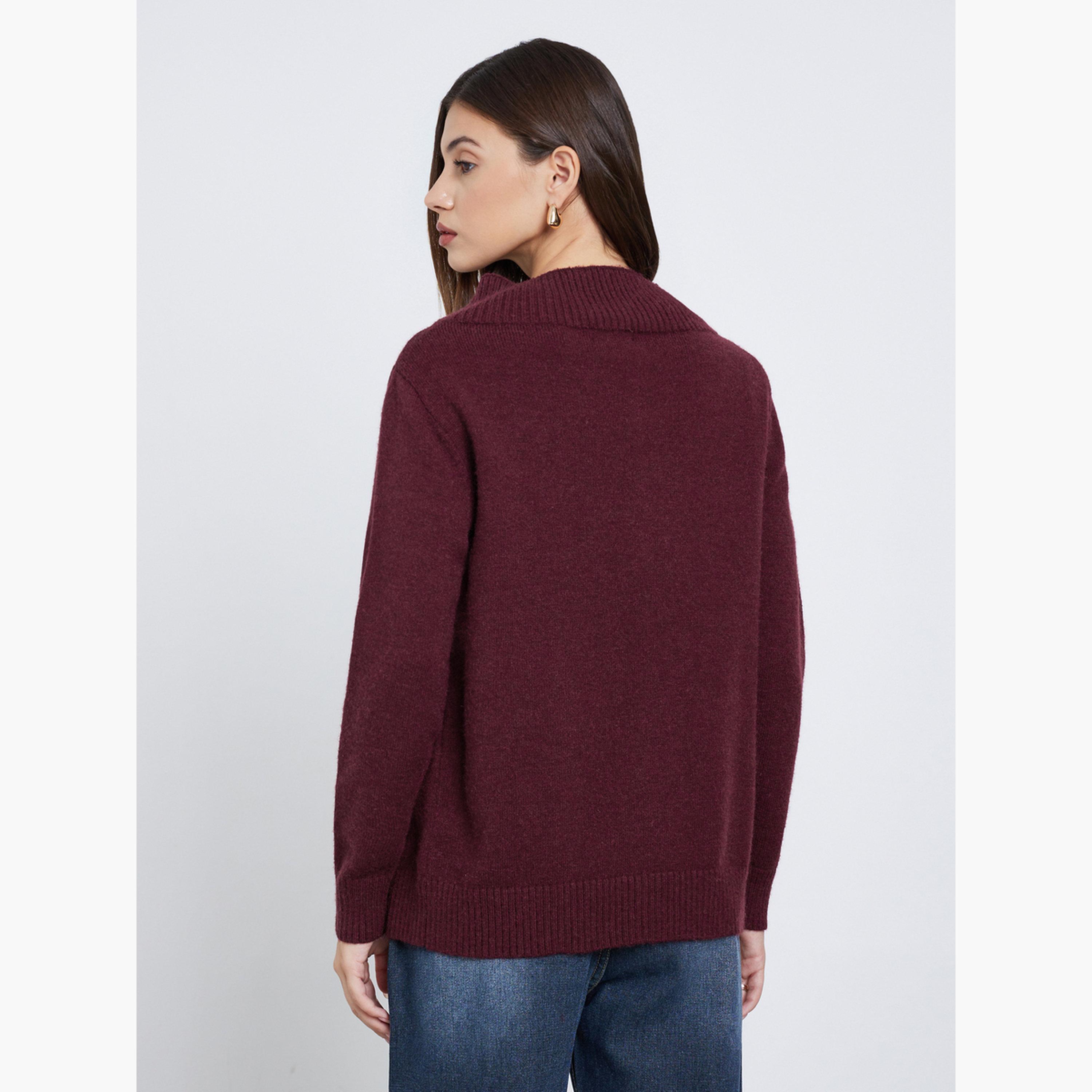 Styli Burgundy Off Shoulder Knit Top with Front Zip-women-clothing-shirtsandblouses-blouses-image-3