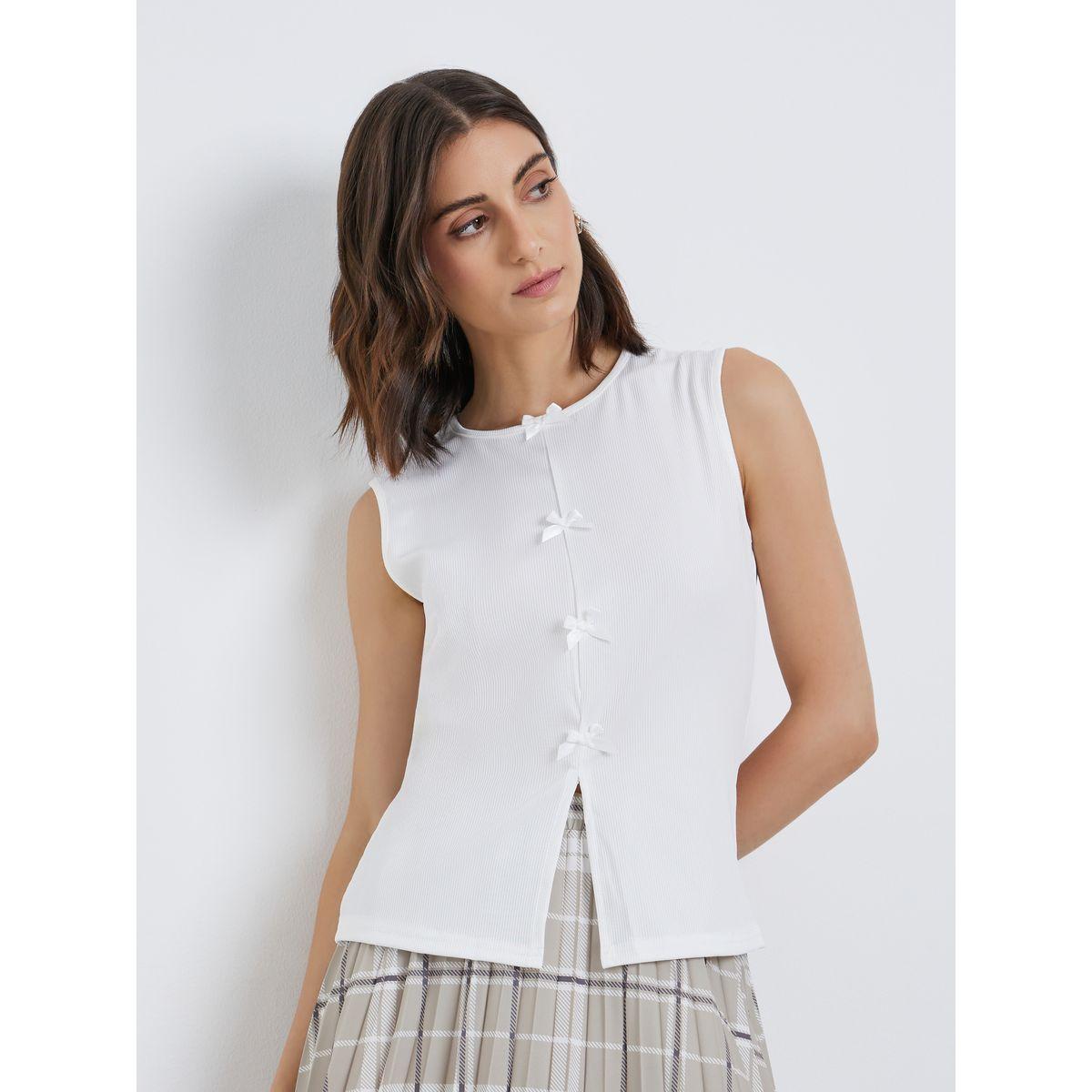 Styli Texture Bow Detail Sleeveless Knit Top-women-clothing-tshirts-image-1