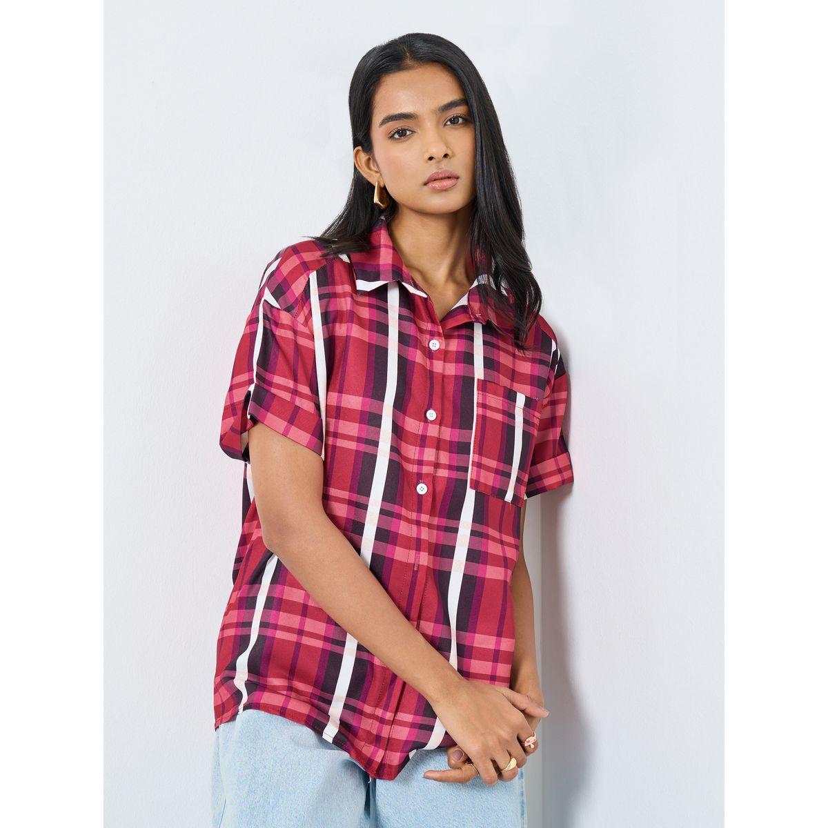 بلوزة بطبعة مربعات وتفاصيل أزرار-women-clothing-shirtsandblouses-shirts-image-1