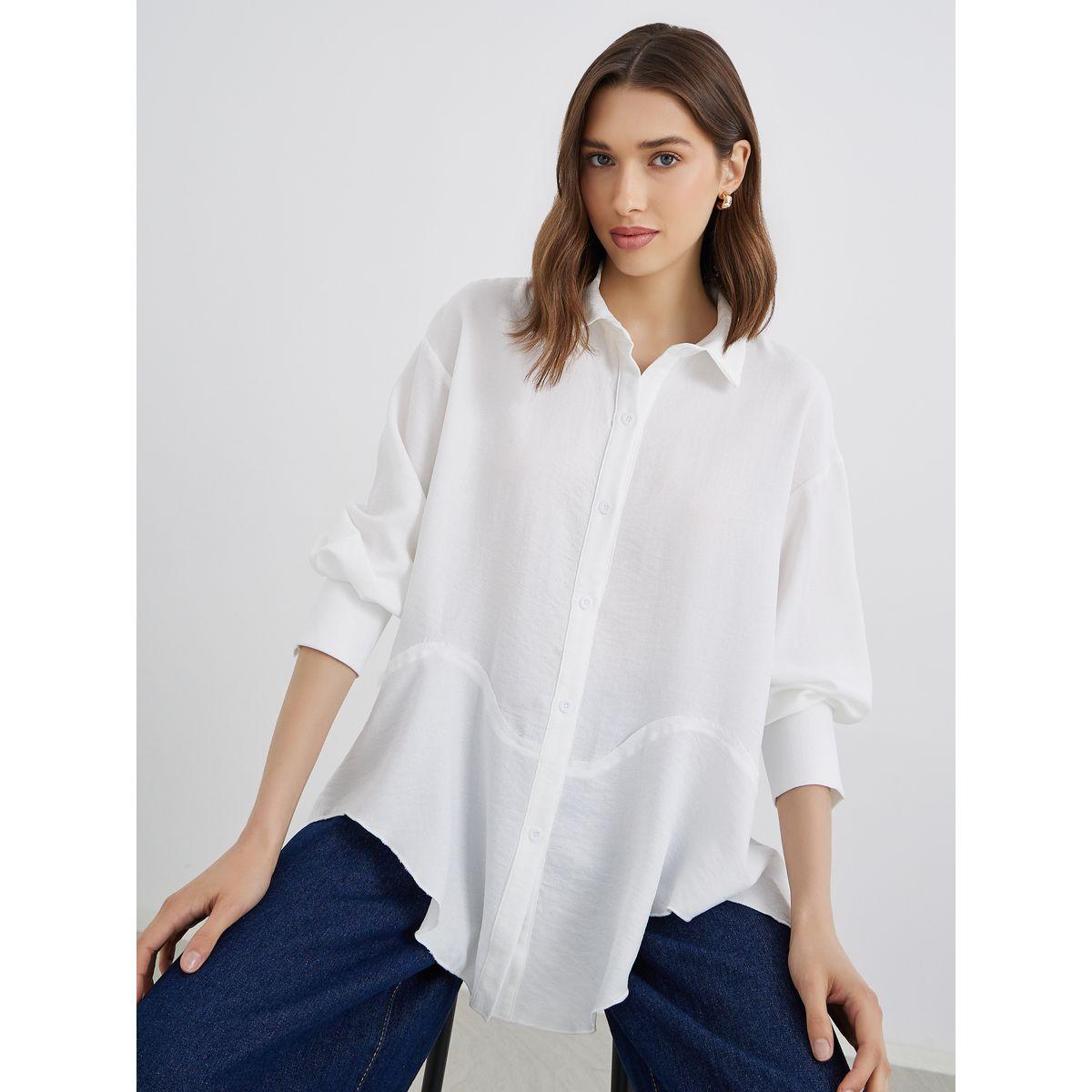 Styli Women White Solid Long Sleeve Oversized Shirt with Asymmetric Hem-women-clothing-shirtsandblouses-shirts-image-1