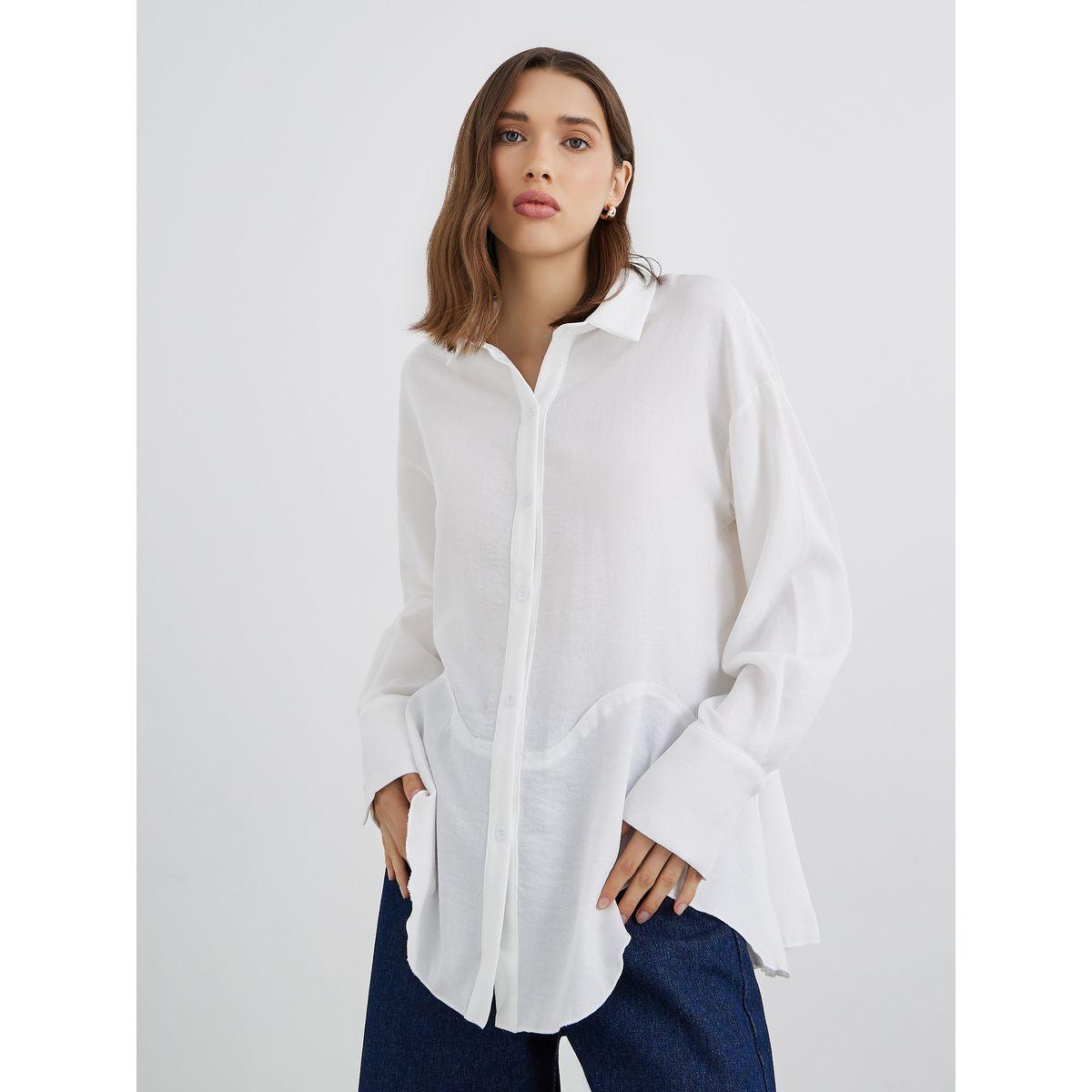Styli Women White Solid Long Sleeve Oversized Shirt with Asymmetric Hem-women-clothing-shirtsandblouses-shirts-image-3