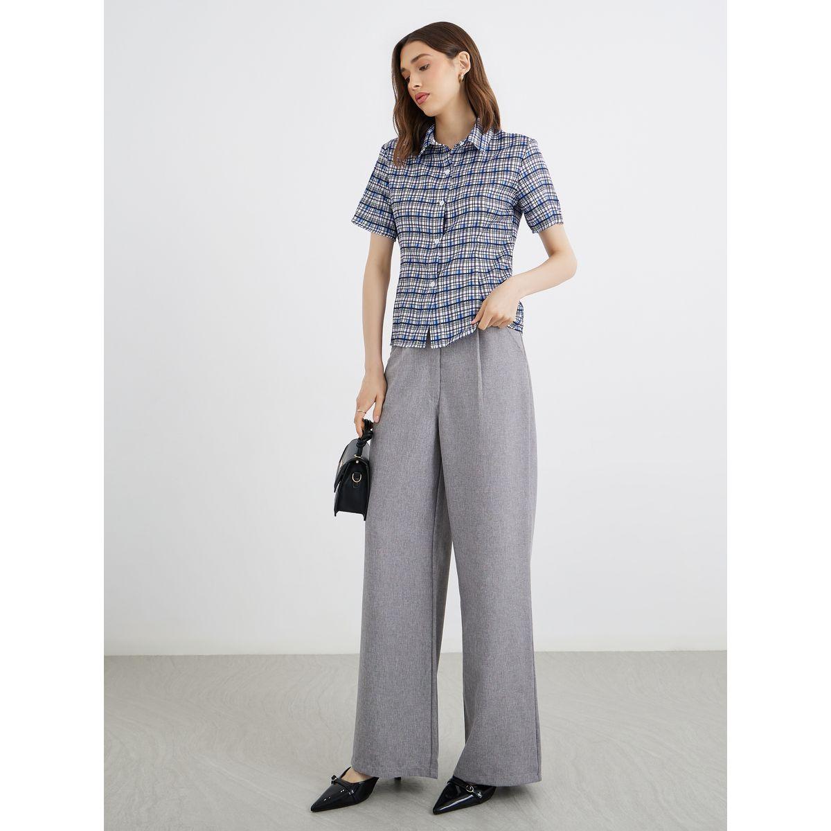 بلوزة سادة بأكمام قصيرة وقصة عادية-women-clothing-shirtsandblouses-shirts-image-2