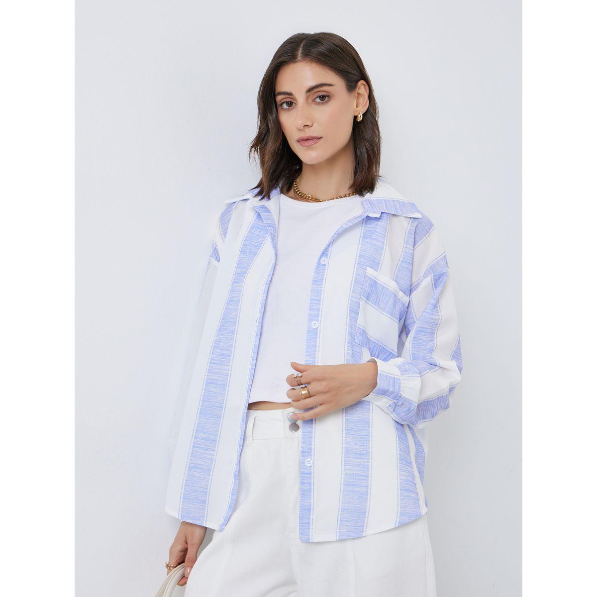 بلوزة فضفاضة مخططة بتفاصيل جيب-women-clothing-shirtsandblouses-shirts-image-1
