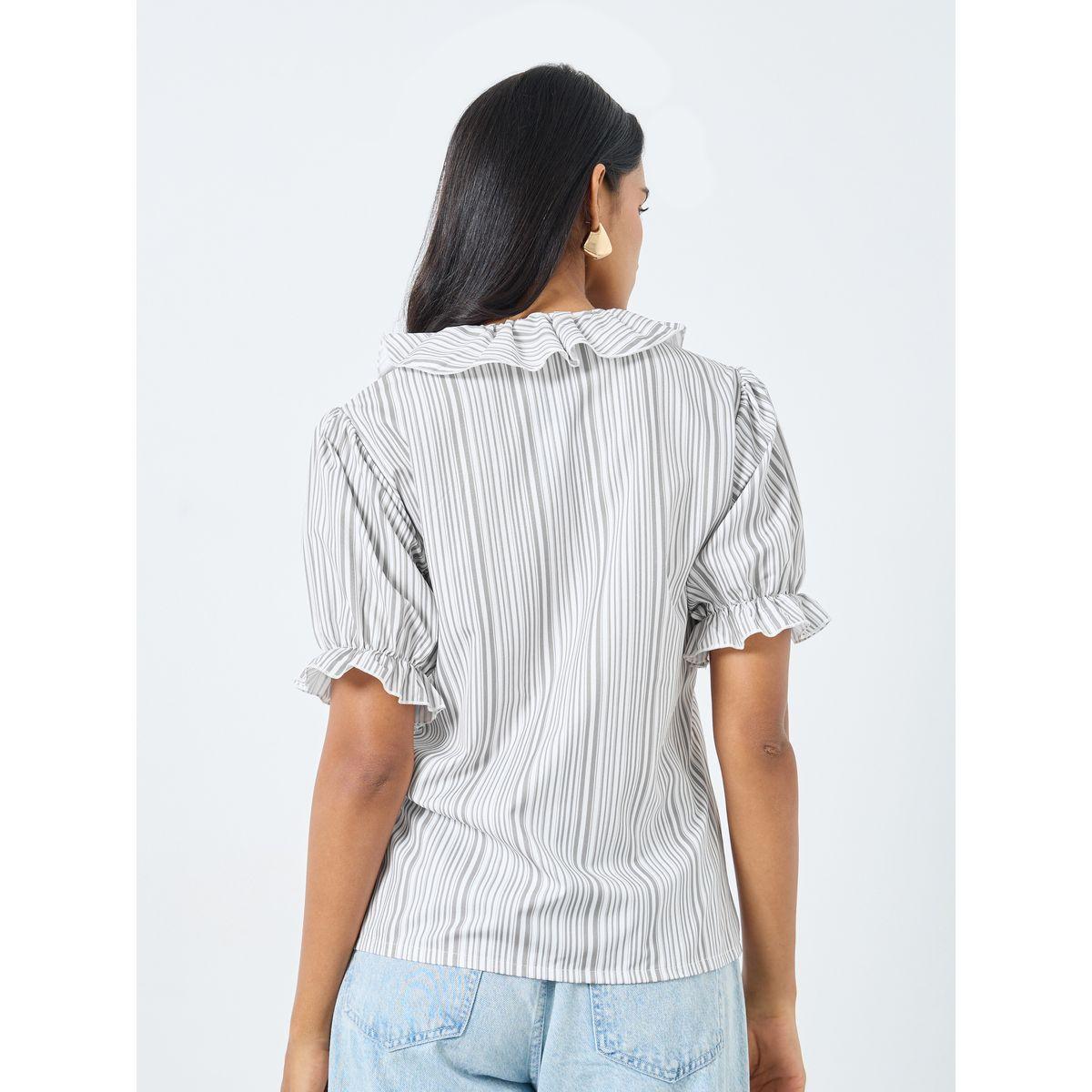 Styli Striped Puff Sleeve Ruffled Detail Top-women-clothing-shirtsandblouses-blouses-image-4
