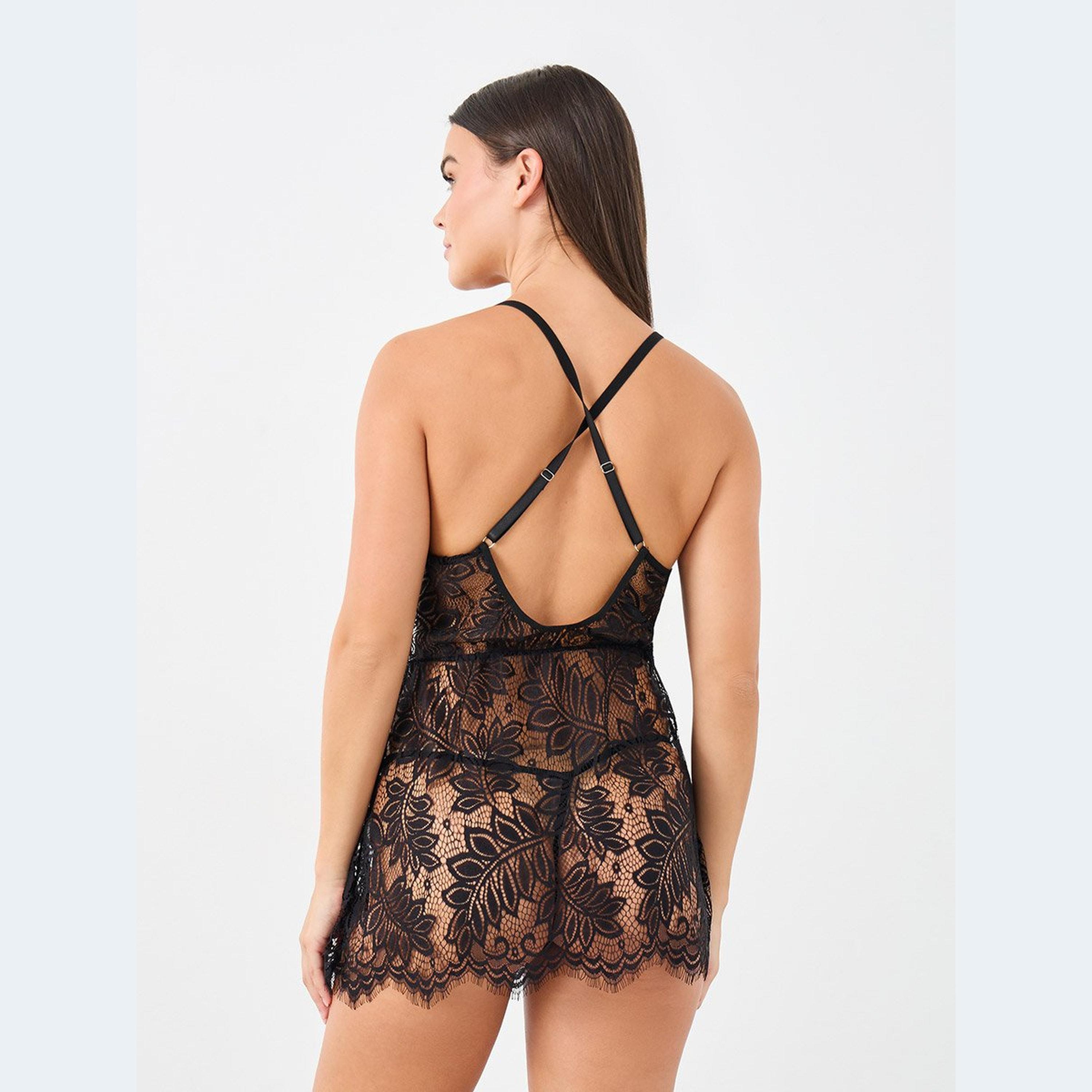 Styli Criss Cross Apex Strap Detail Lace Slip with Scallop Hem and Thong-women-clothing-lingerie-babydollsandbodysuits-image-5