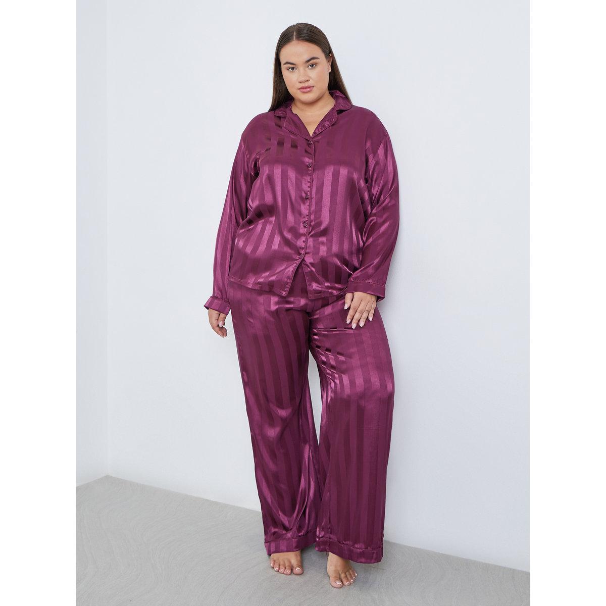 طقم من بنطال بيجاما وبلوزة ساتان بمقاس كبير-women-clothing-nightwear-pyjamas-longsets-image-1