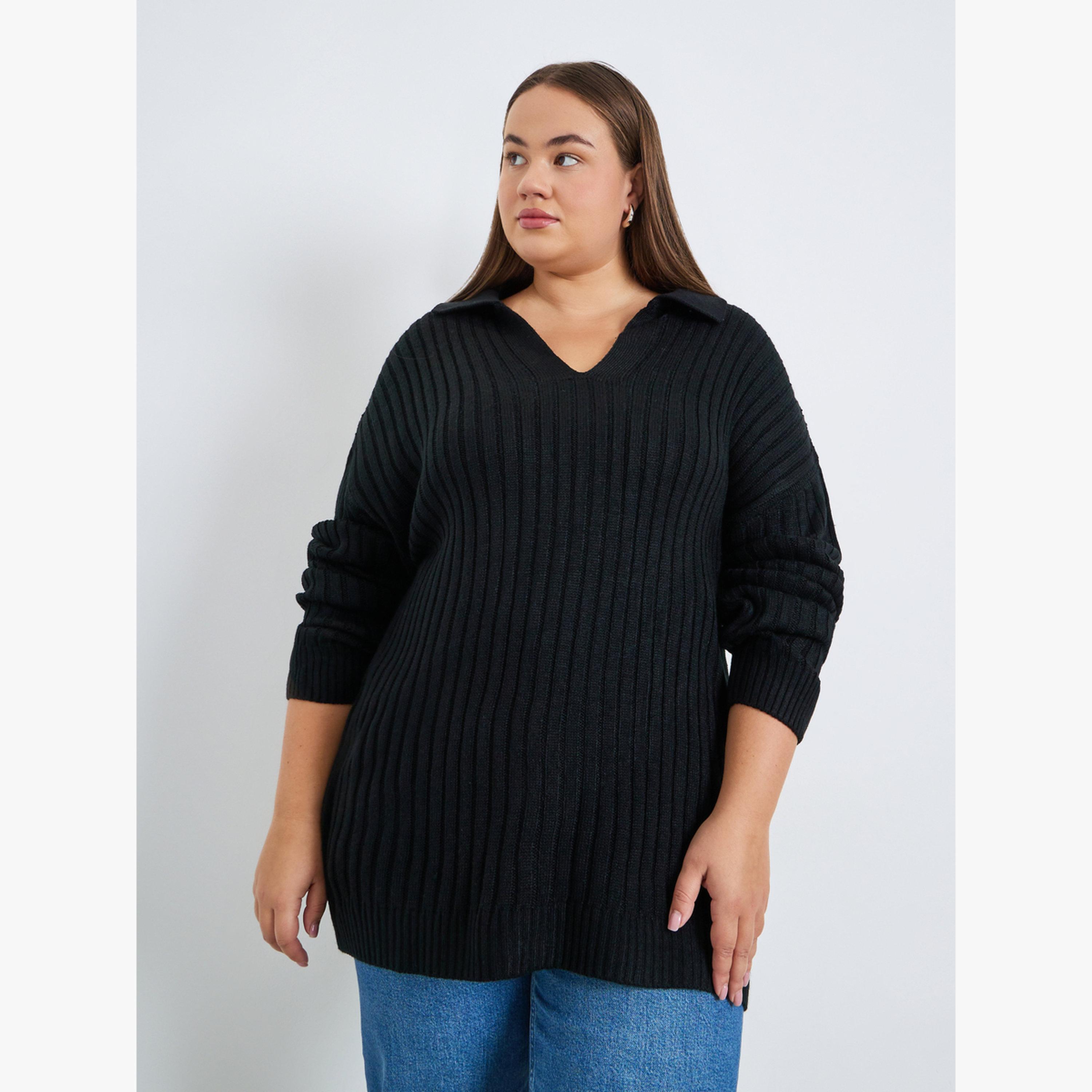 سويتر محبوك مضلع بقصة عادية مقاس كبير-women-clothing-cardigansandjumpers-jumpers-image-5