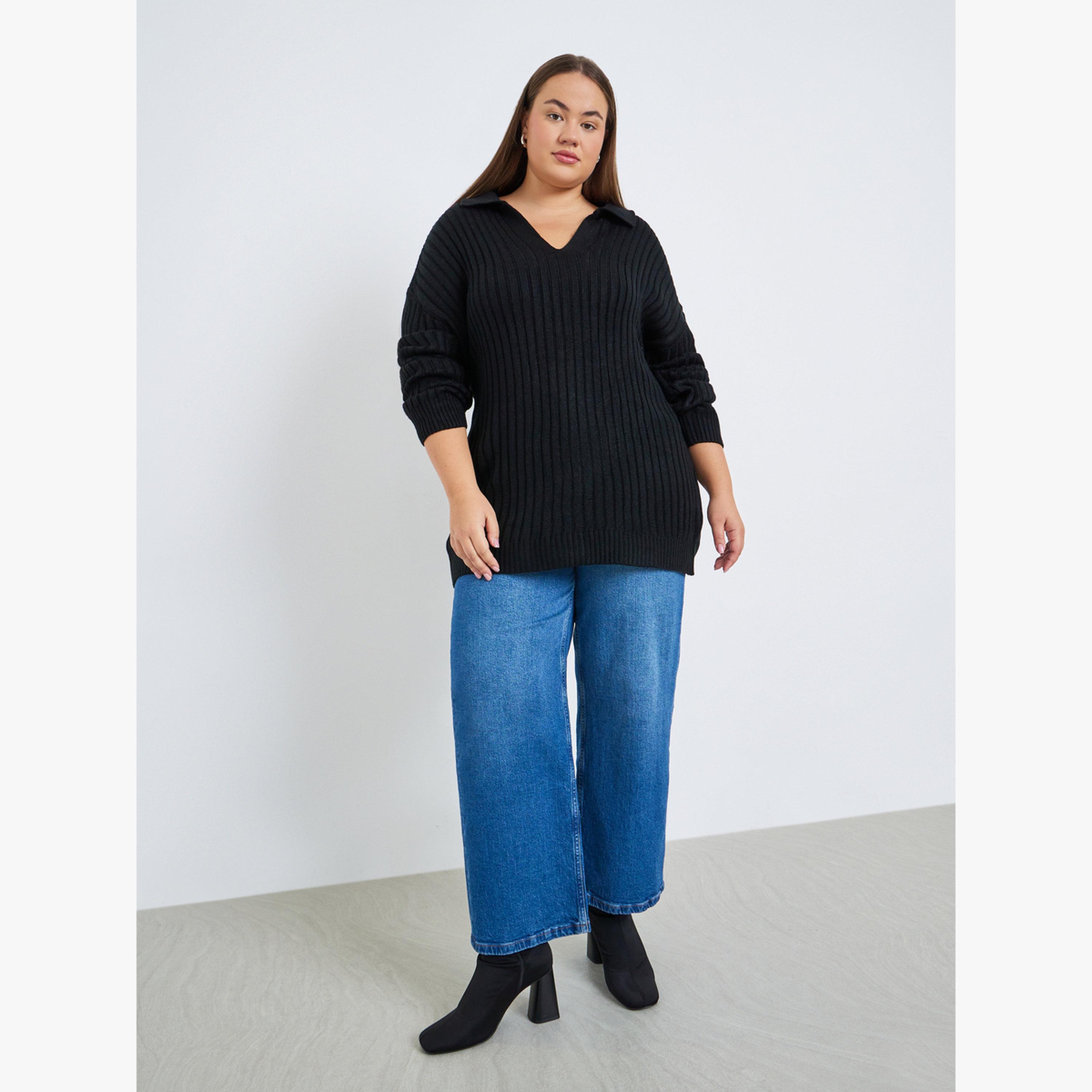 سويتر محبوك مضلع بقصة عادية مقاس كبير-women-clothing-cardigansandjumpers-jumpers-image-4
