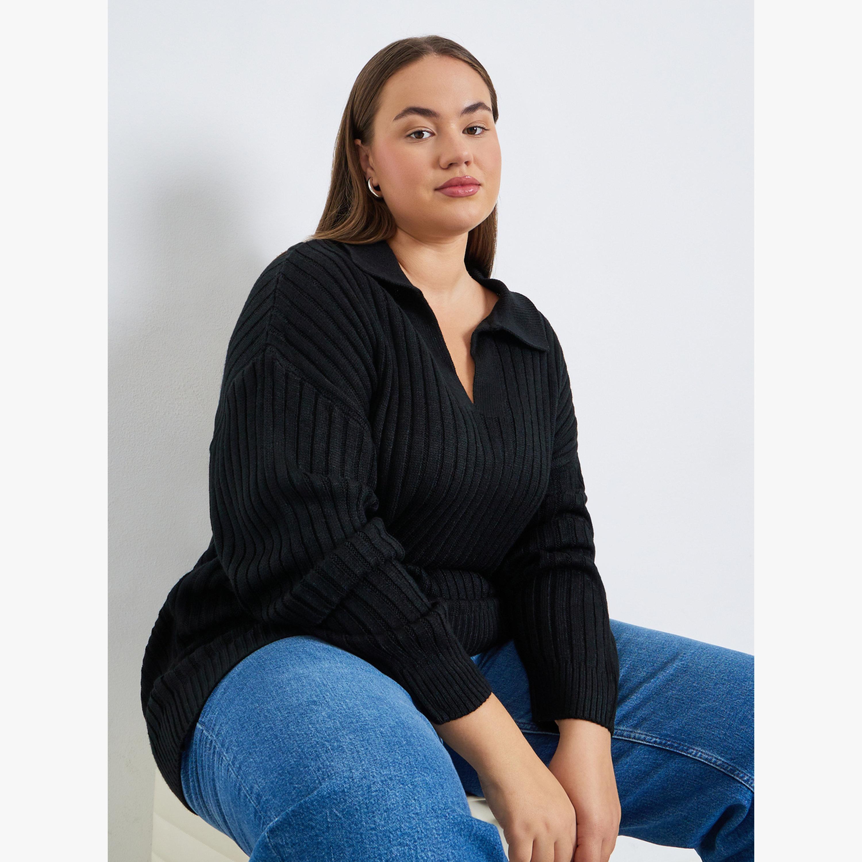 سويتر محبوك مضلع بقصة عادية مقاس كبير-women-clothing-cardigansandjumpers-jumpers-image-3