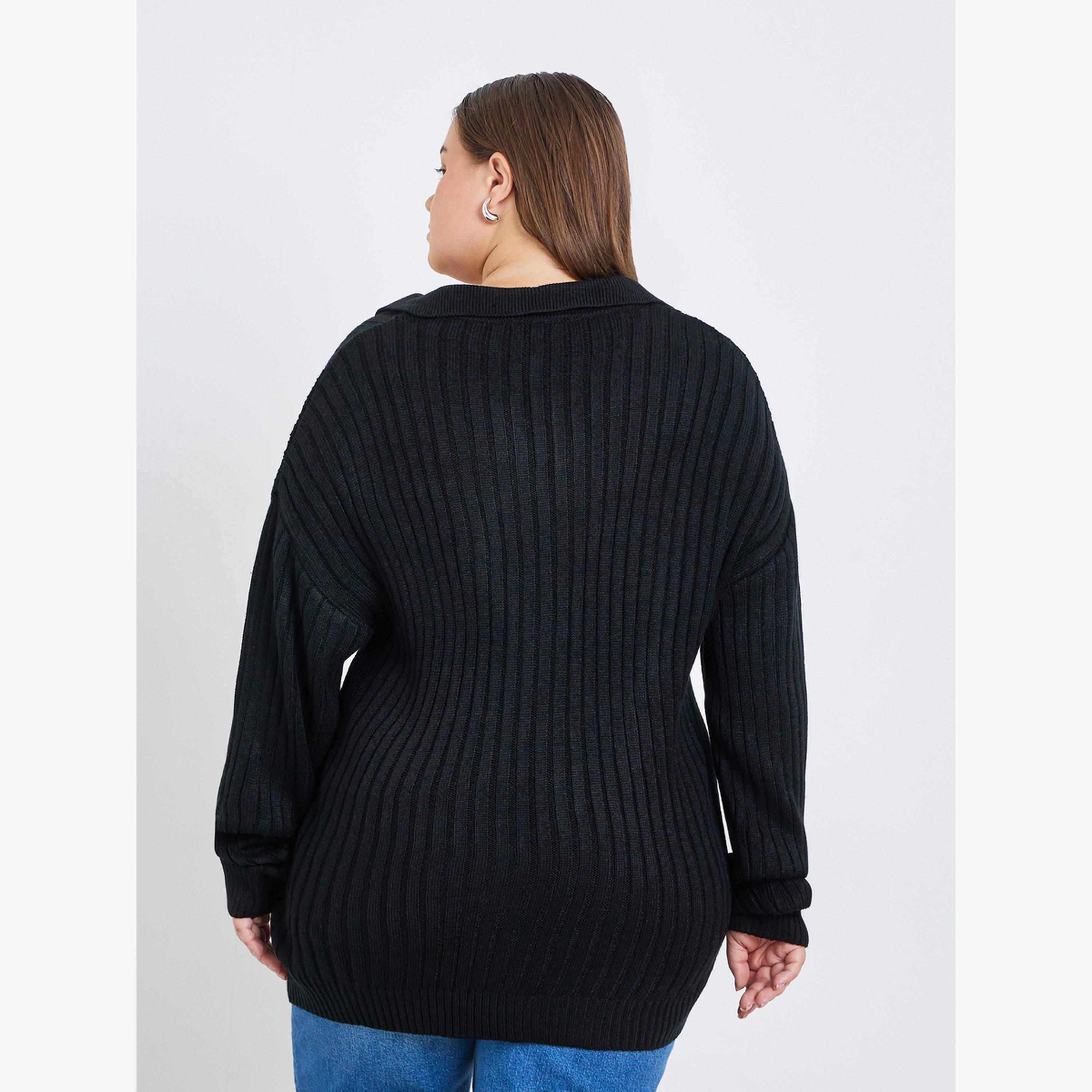 سويتر محبوك مضلع بقصة عادية مقاس كبير-women-clothing-cardigansandjumpers-jumpers-image-5