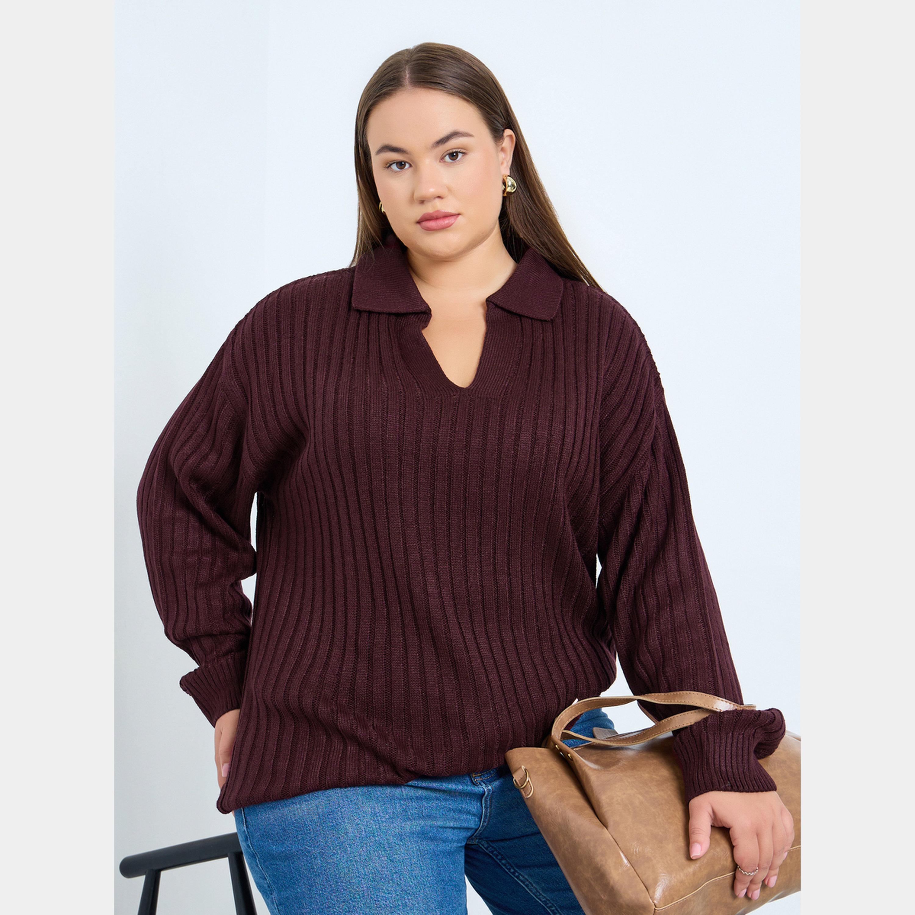 ستايلي - سترة نسائية مقاس واسع بأكمام طويلة وياقة وقصّة عادية من نسيج مضلع-women-clothing-cardigansandjumpers-jumpers-image-4