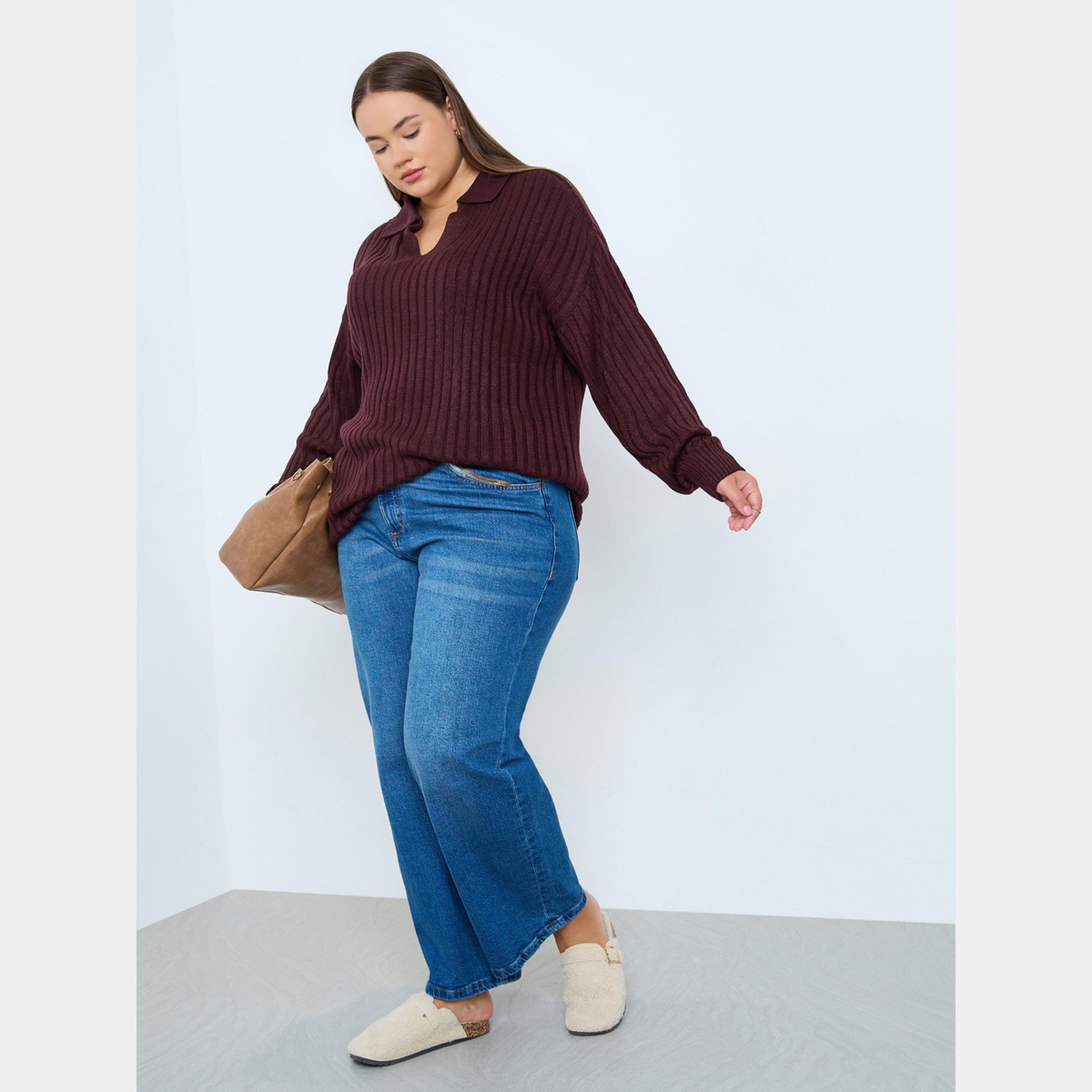 ستايلي - سترة نسائية مقاس واسع بأكمام طويلة وياقة وقصّة عادية من نسيج مضلع-women-clothing-cardigansandjumpers-jumpers-image-3