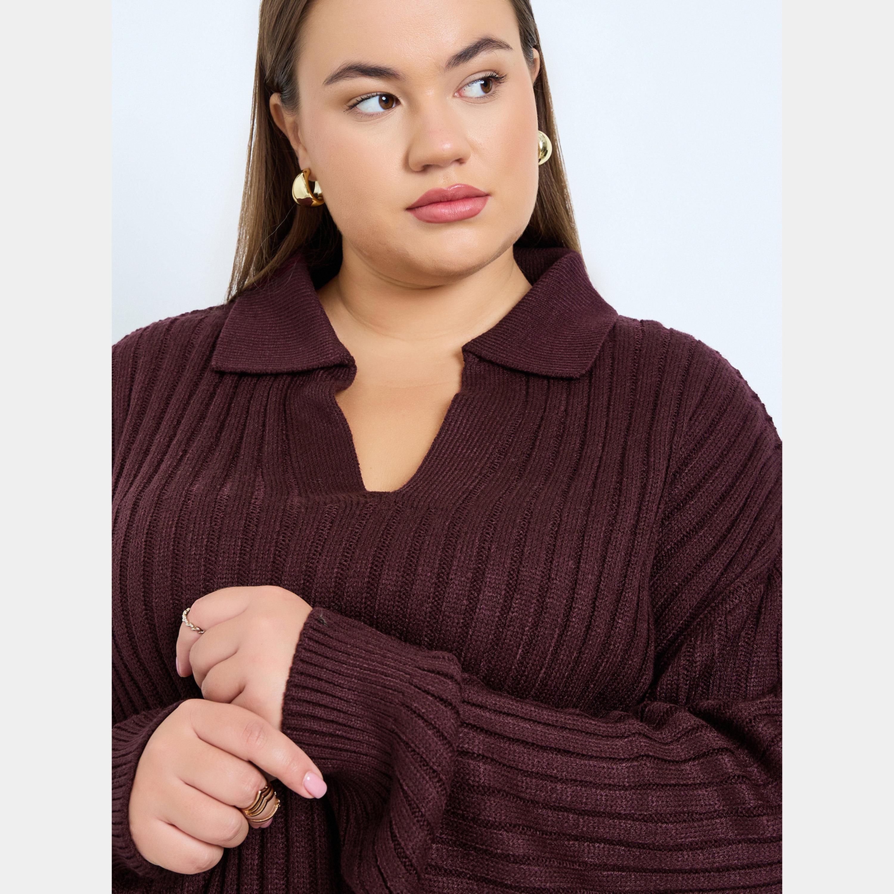 ستايلي - سترة نسائية مقاس واسع بأكمام طويلة وياقة وقصّة عادية من نسيج مضلع-women-clothing-cardigansandjumpers-jumpers-image-3