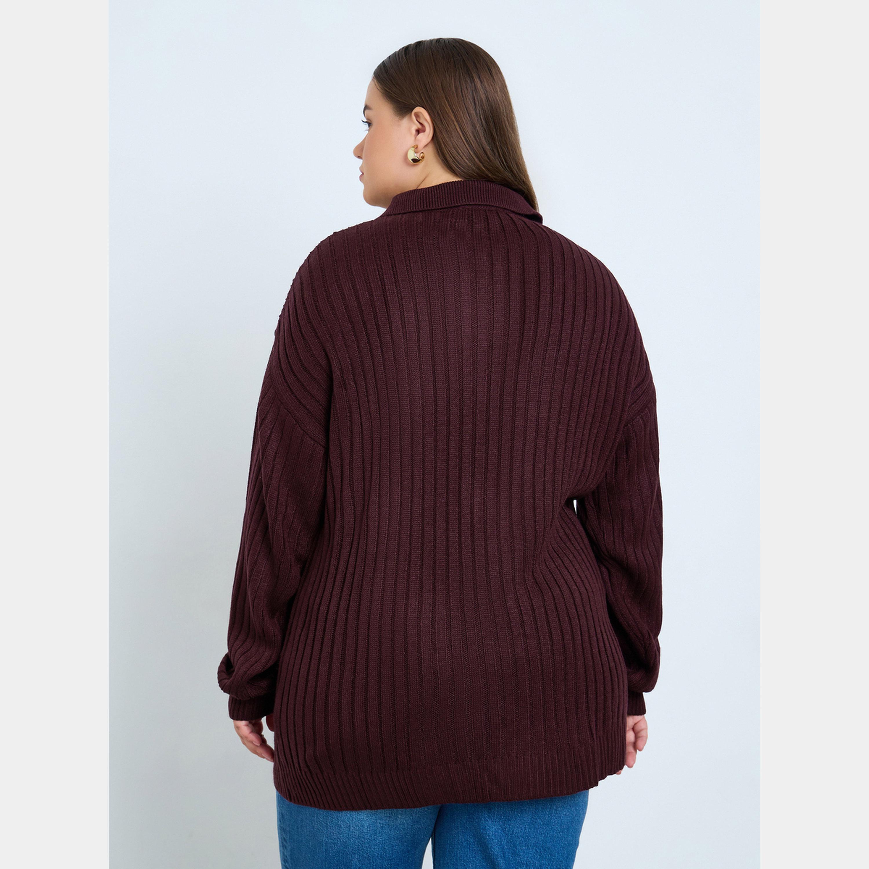 ستايلي - سترة نسائية مقاس واسع بأكمام طويلة وياقة وقصّة عادية من نسيج مضلع-women-clothing-cardigansandjumpers-jumpers-image-4