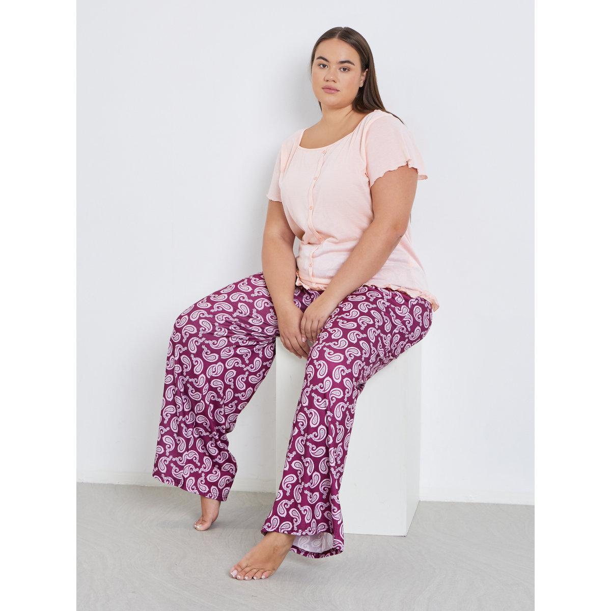 Styli Plus Square Neck Lettuce Hem Top and Paisley Print Pyjama Set-women-clothing-nightwear-pyjamas-longsets-image-1