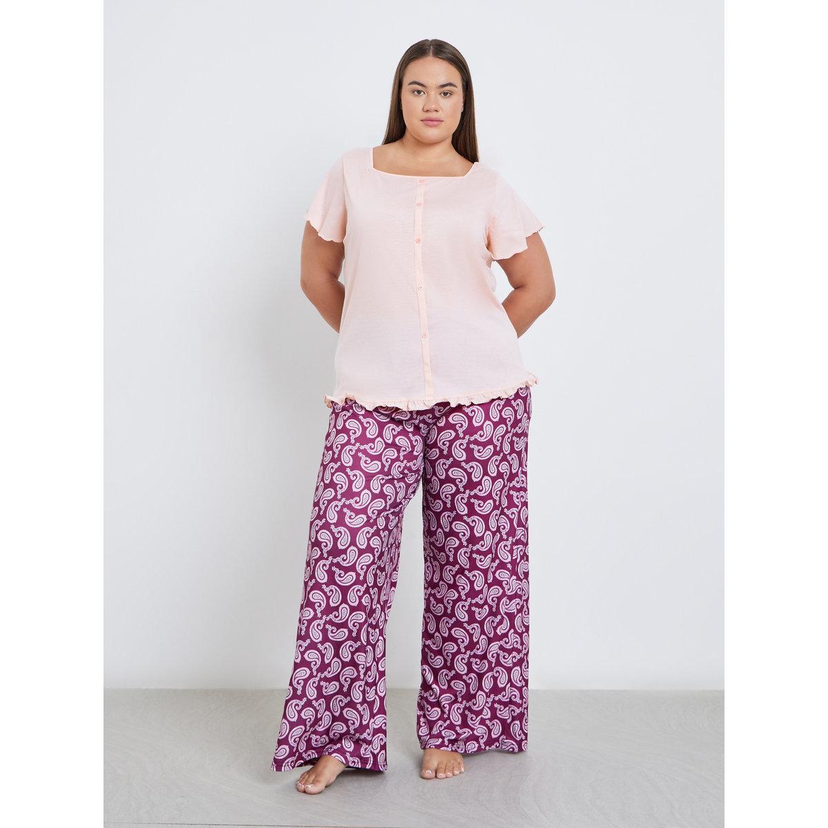 Styli Plus Square Neck Lettuce Hem Top and Paisley Print Pyjama Set-women-clothing-nightwear-pyjamas-longsets-image-2
