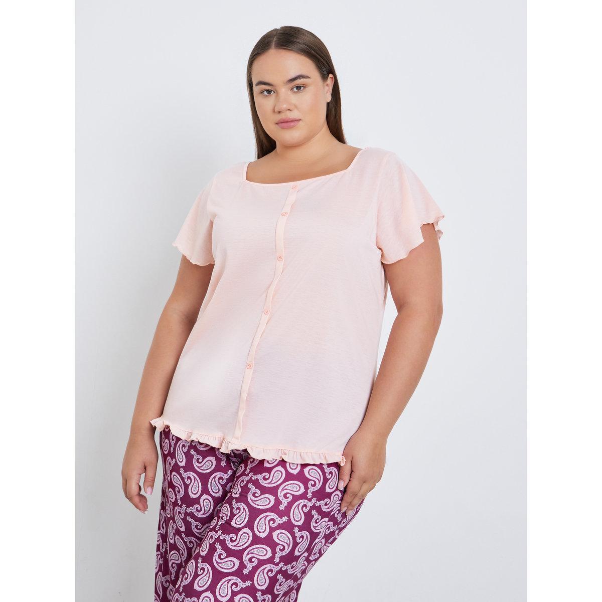 Styli Plus Square Neck Lettuce Hem Top and Paisley Print Pyjama Set-women-clothing-nightwear-pyjamas-longsets-image-3