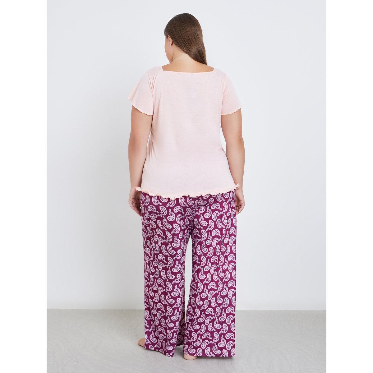 Styli Plus Square Neck Lettuce Hem Top and Paisley Print Pyjama Set-women-clothing-nightwear-pyjamas-longsets-image-7