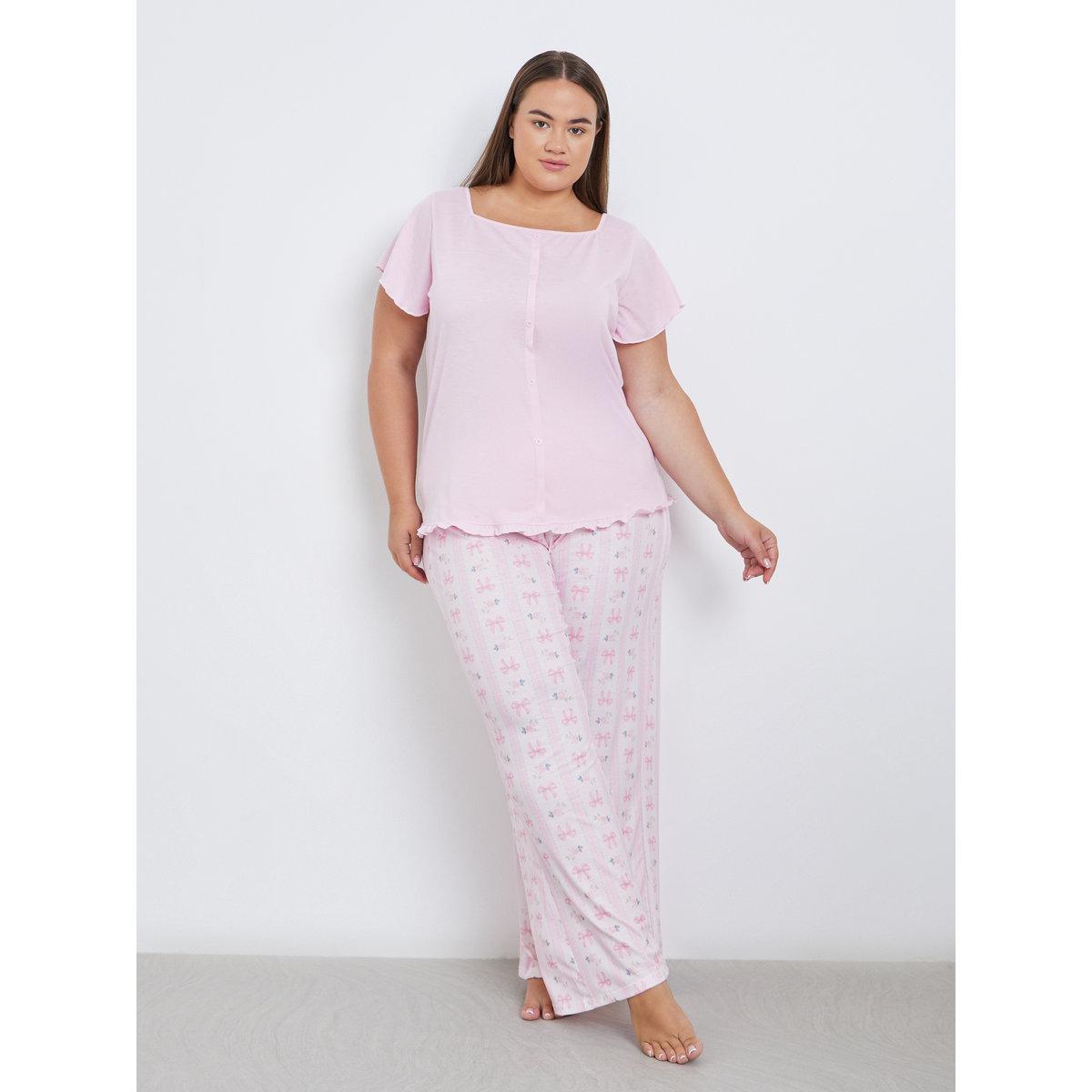 Styli Plus Square Neck Lettuce Hem Top and Bow Print Pyjama Set-women-clothing-plussize-nightwear-nightwearsets-image-1
