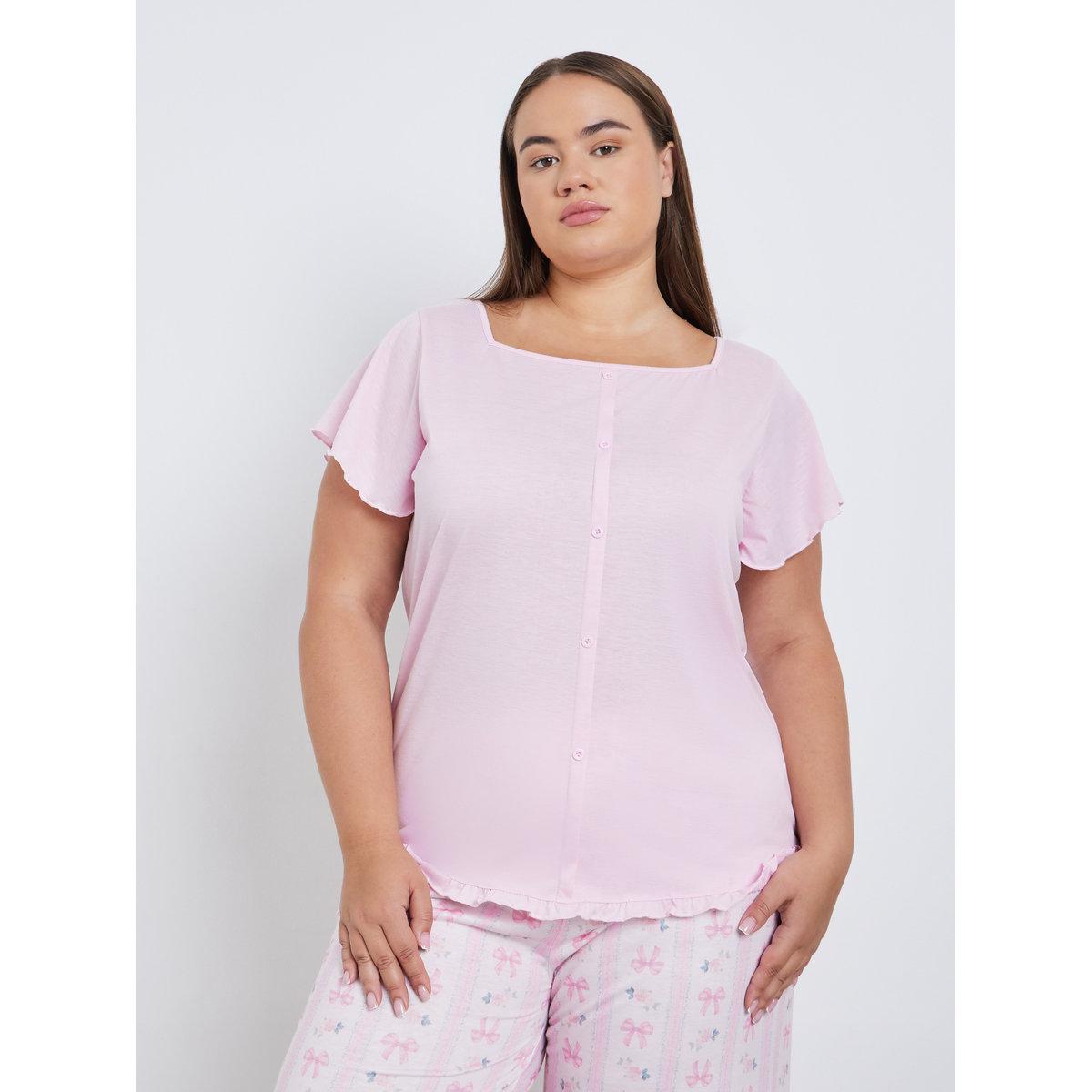 Styli Plus Square Neck Lettuce Hem Top and Bow Print Pyjama Set-women-clothing-plussize-nightwear-nightwearsets-image-2